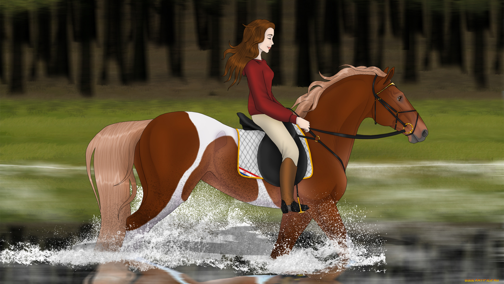 рисованные, животные, , лошади, лошадь, девушка, река, лес