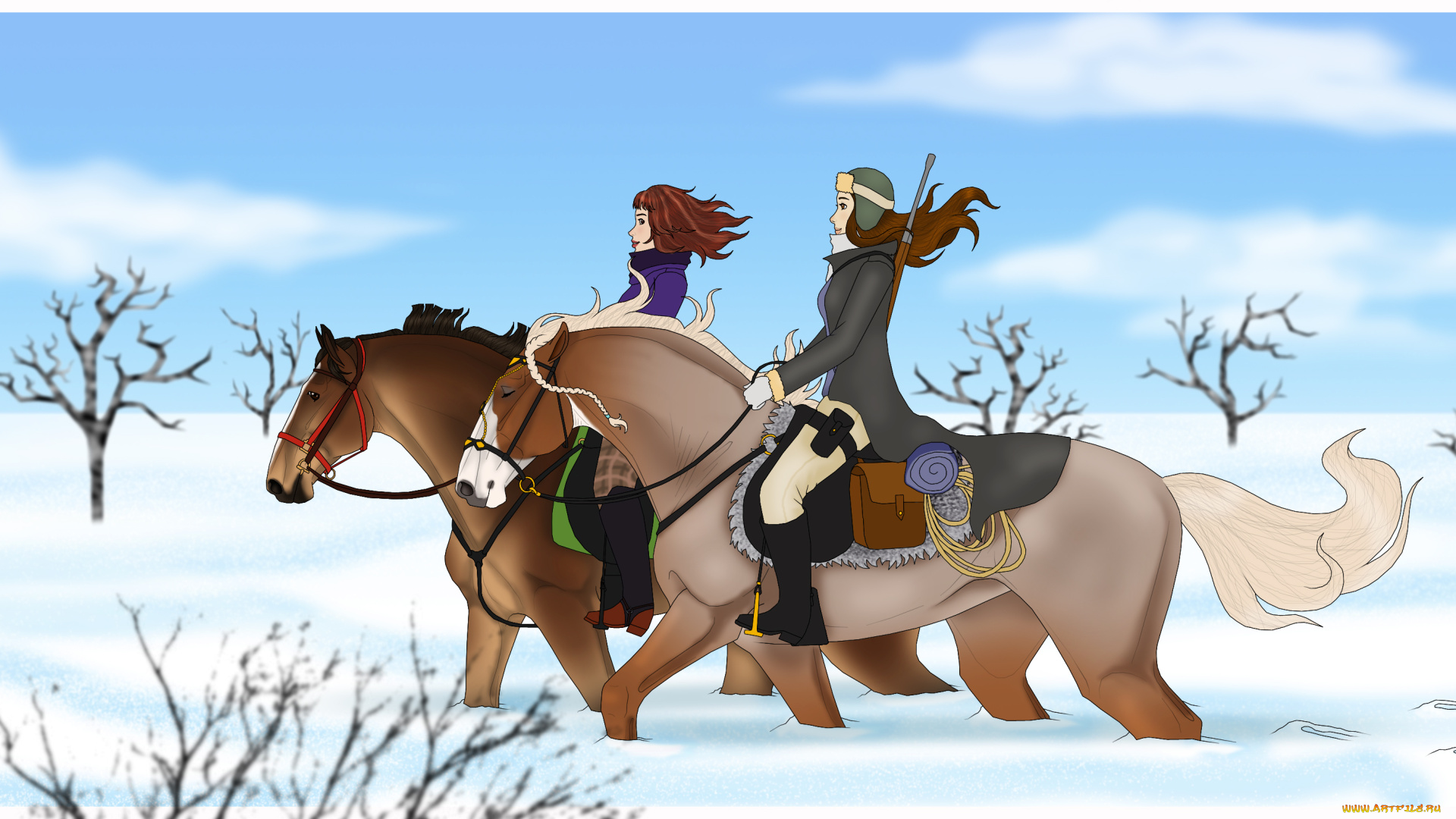рисованные, животные, , лошади, лошади, снег, всадники