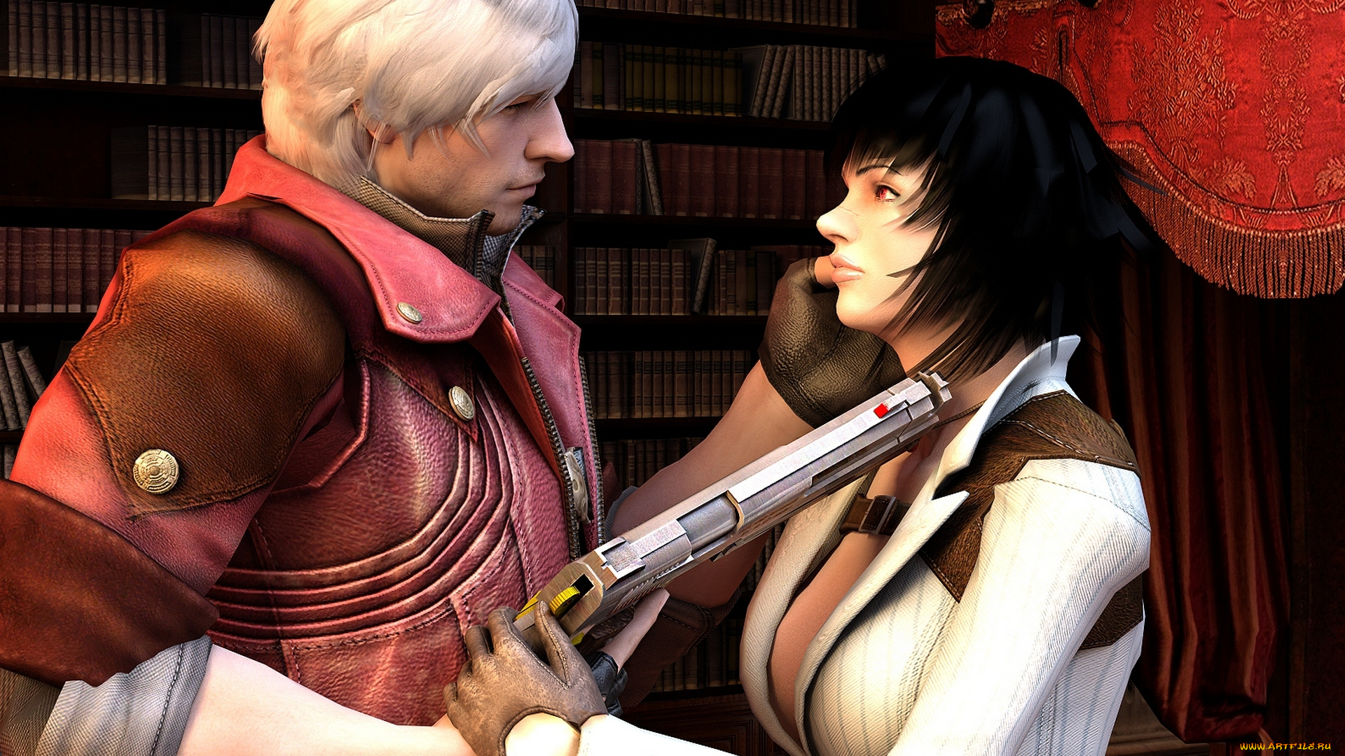 видео, игры, devil, may, cry, 4, брюнетка, пистолет, оружие, девушка, парень, книжная, полка, книги, сероволосый