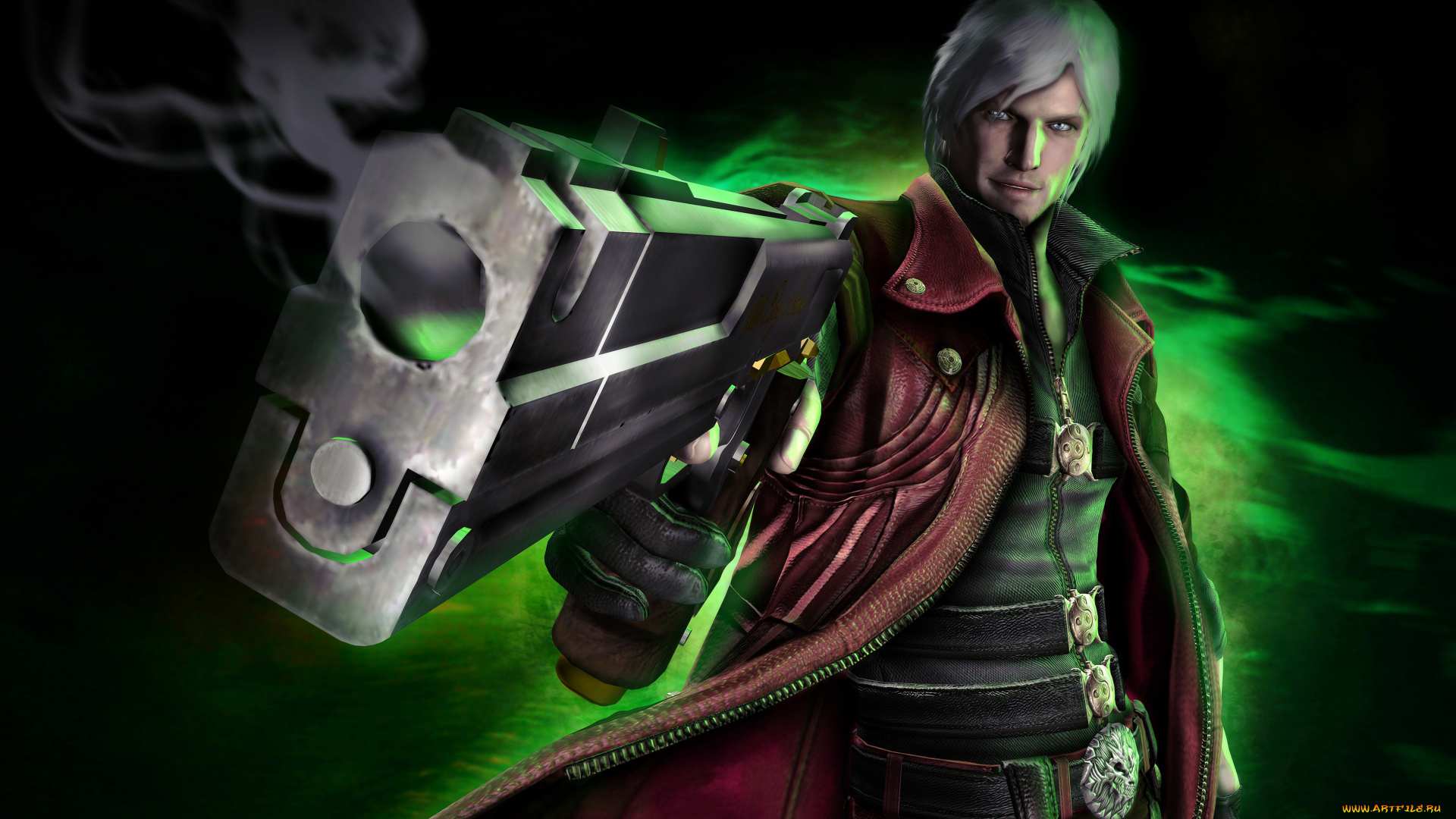 видео, игры, devil, may, cry, 4, чёрный, фон, дуло, улыбка, взгляд, зелёный, свет, серые, волосы, ствол, плащь, парень, дымок, пистолет