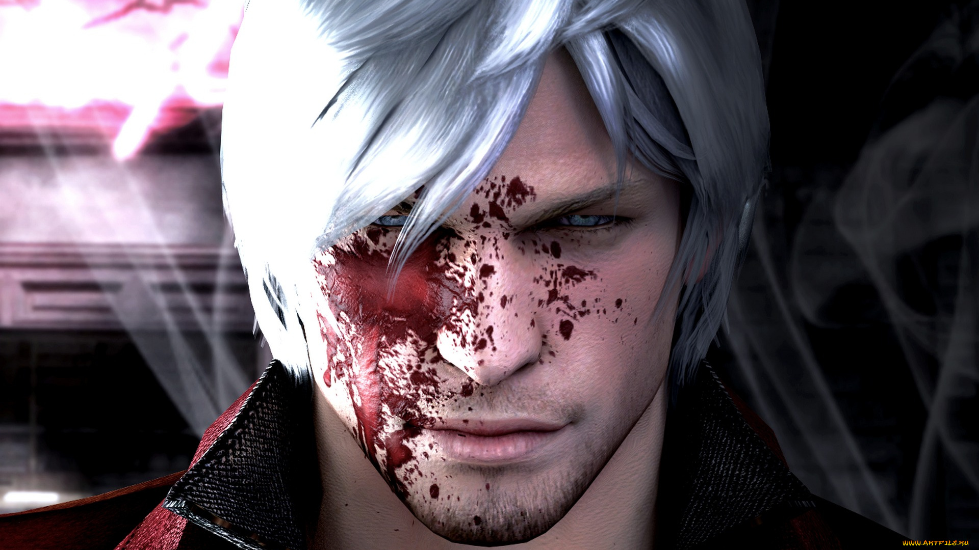 видео, игры, devil, may, cry, 4, кровь, взгляд, портрет, парень, сияние, серые, волосы