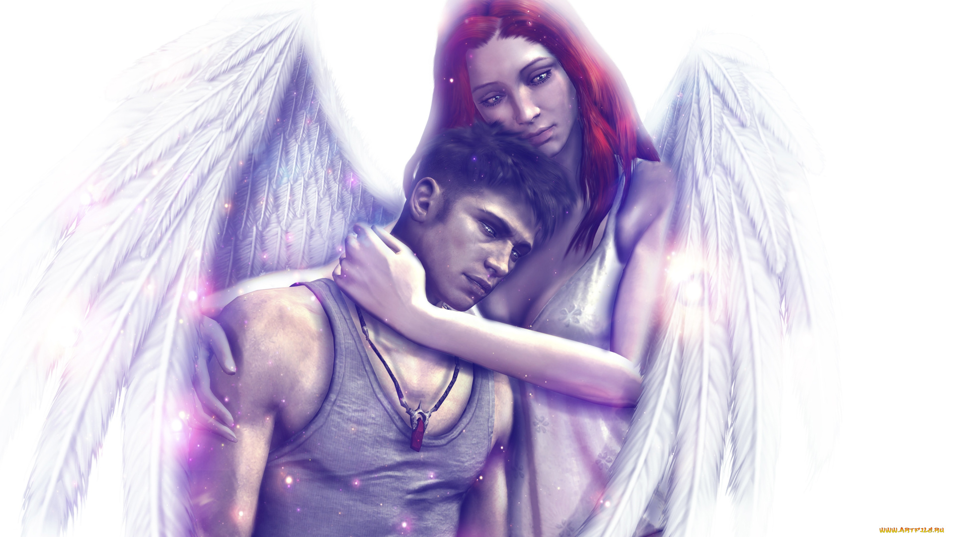 видео, игры, devil, may, cry, 4, шатен, красные, волосы, белый, фон, кулон, майка, ангел, крылья, девушка, парень, объятия, арт