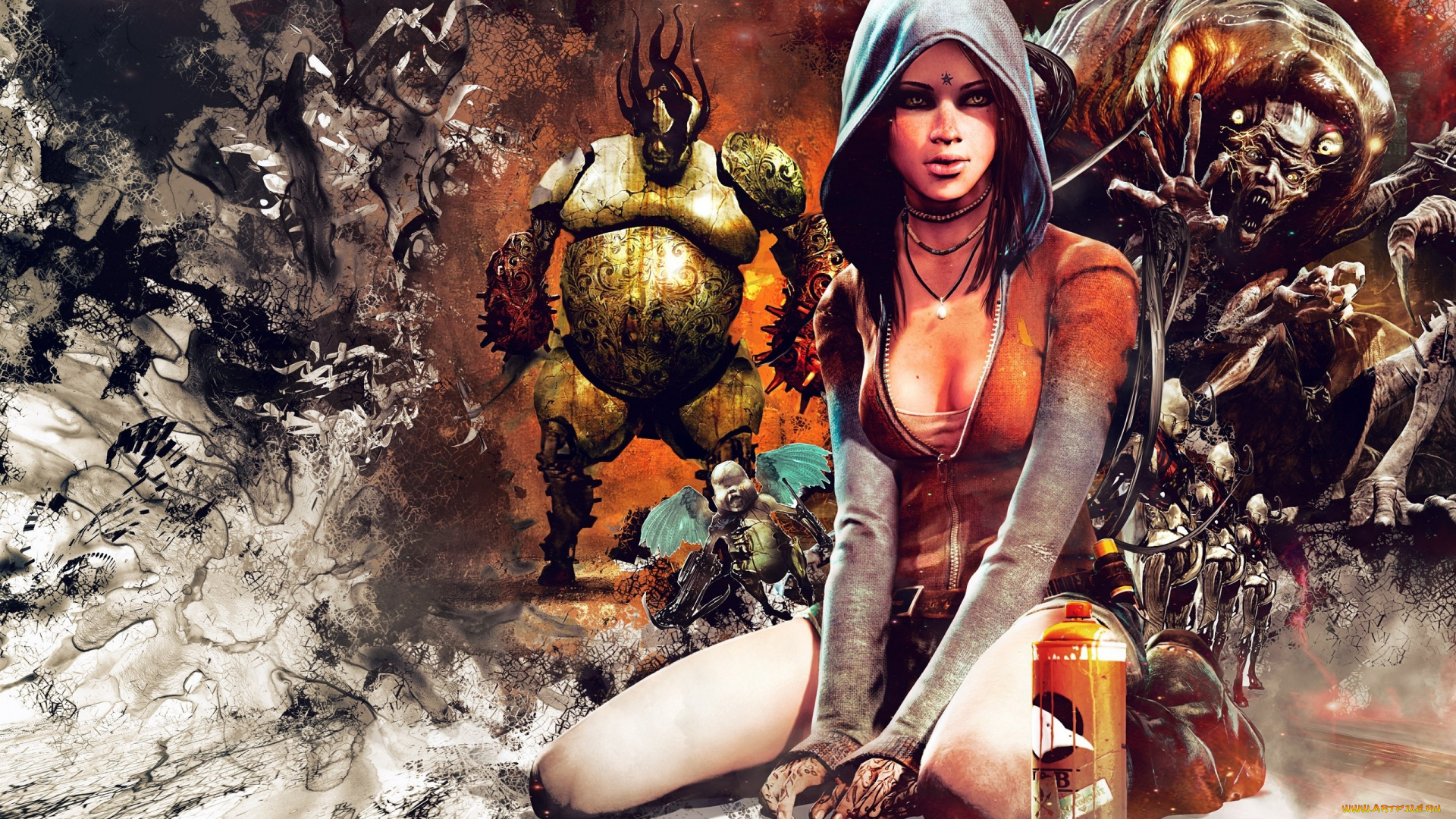 видео, игры, devil, may, cry, 5, сидит, девушка, балончик, капюшон, кулон, тату, монстры