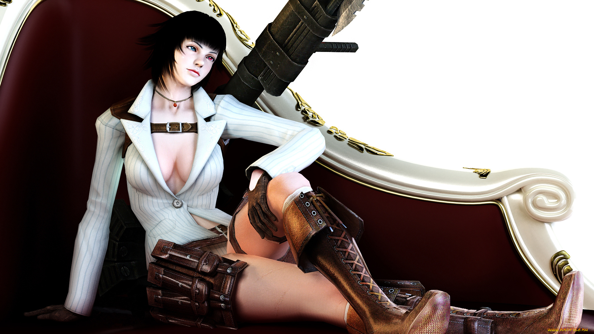 видео, игры, devil, may, cry, кулон, сидит, брюнетка, разные, глаза, пиджак, сапоги, девушка, оружие, софа