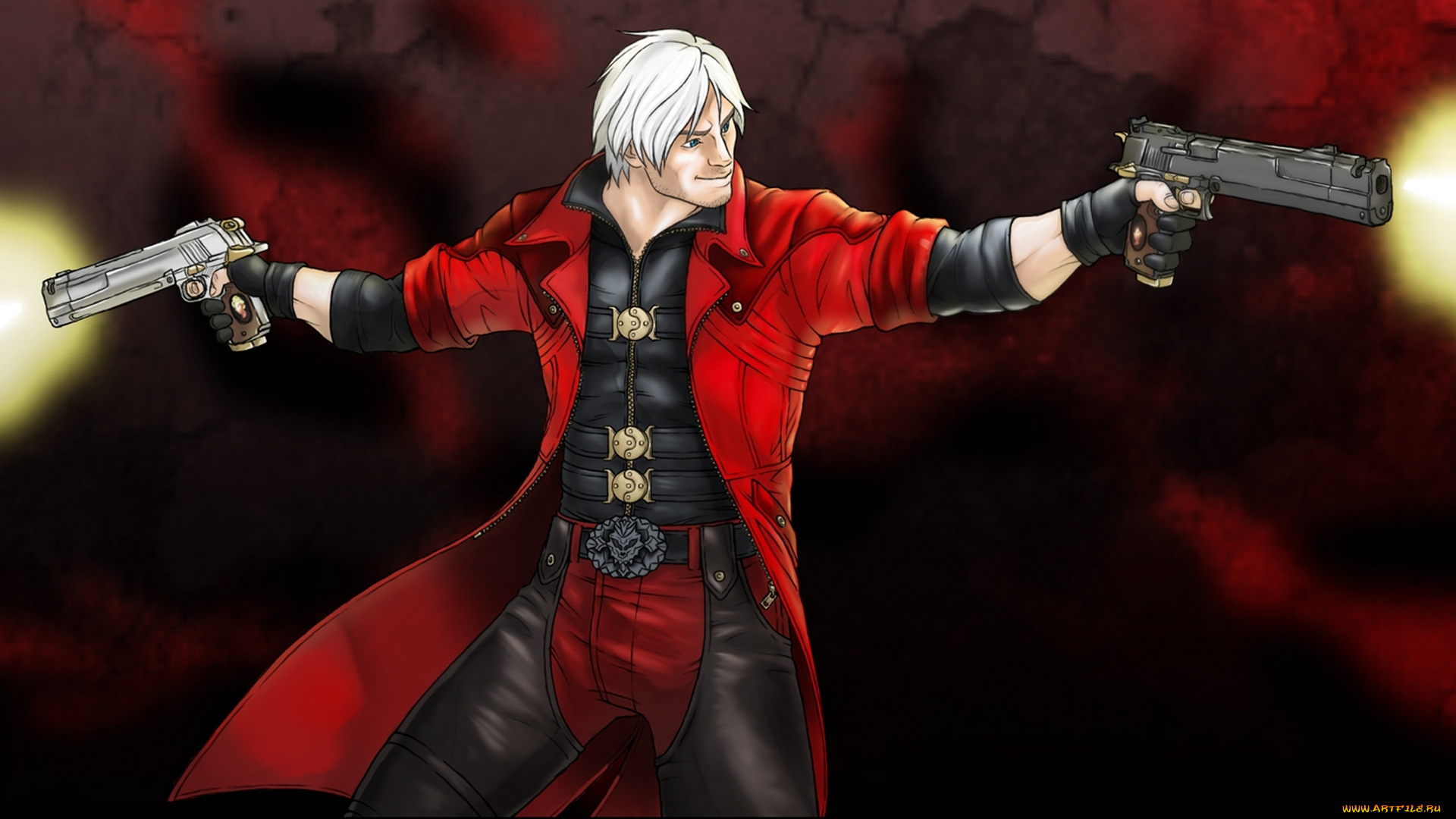 видео, игры, devil, may, cry, пистолеты, сероволосый, оружие, красный, плащь, выстрелы, огонь
