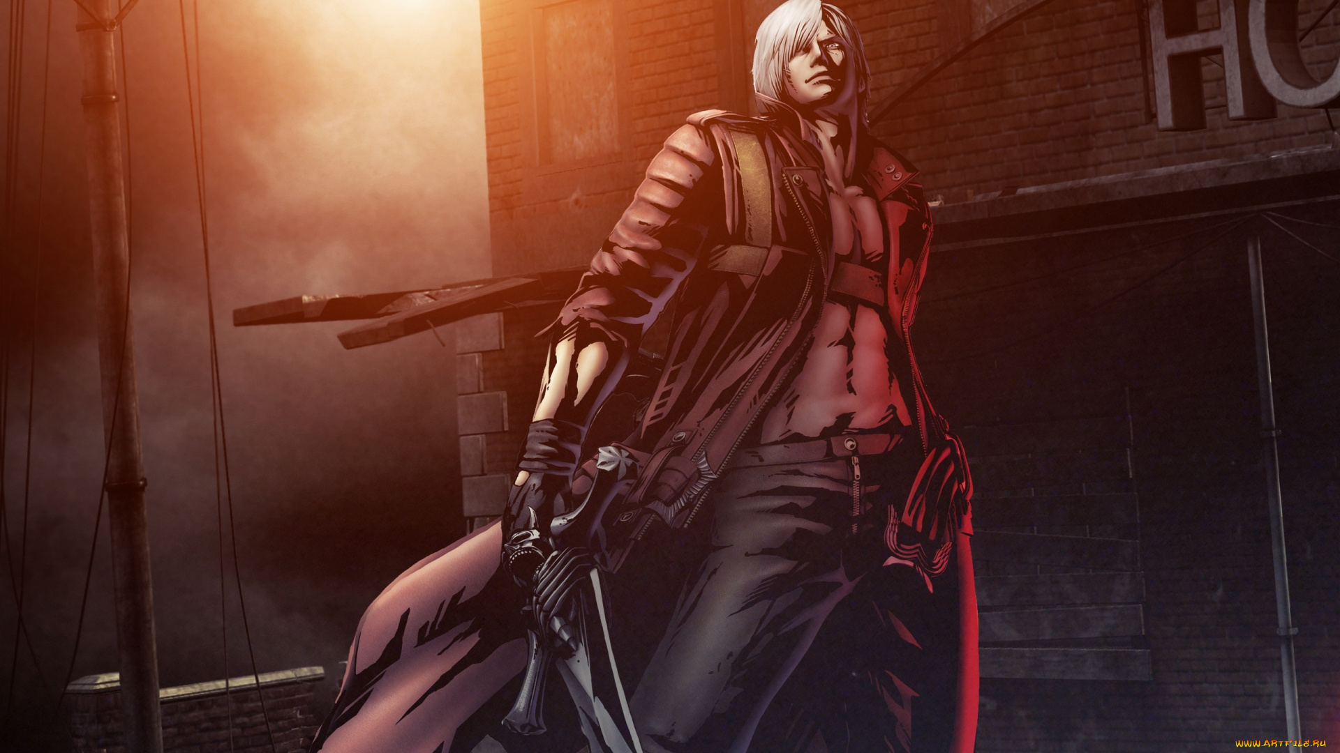 видео, игры, devil, may, cry, плащь, свет, парень, дом, столб, воин, меч