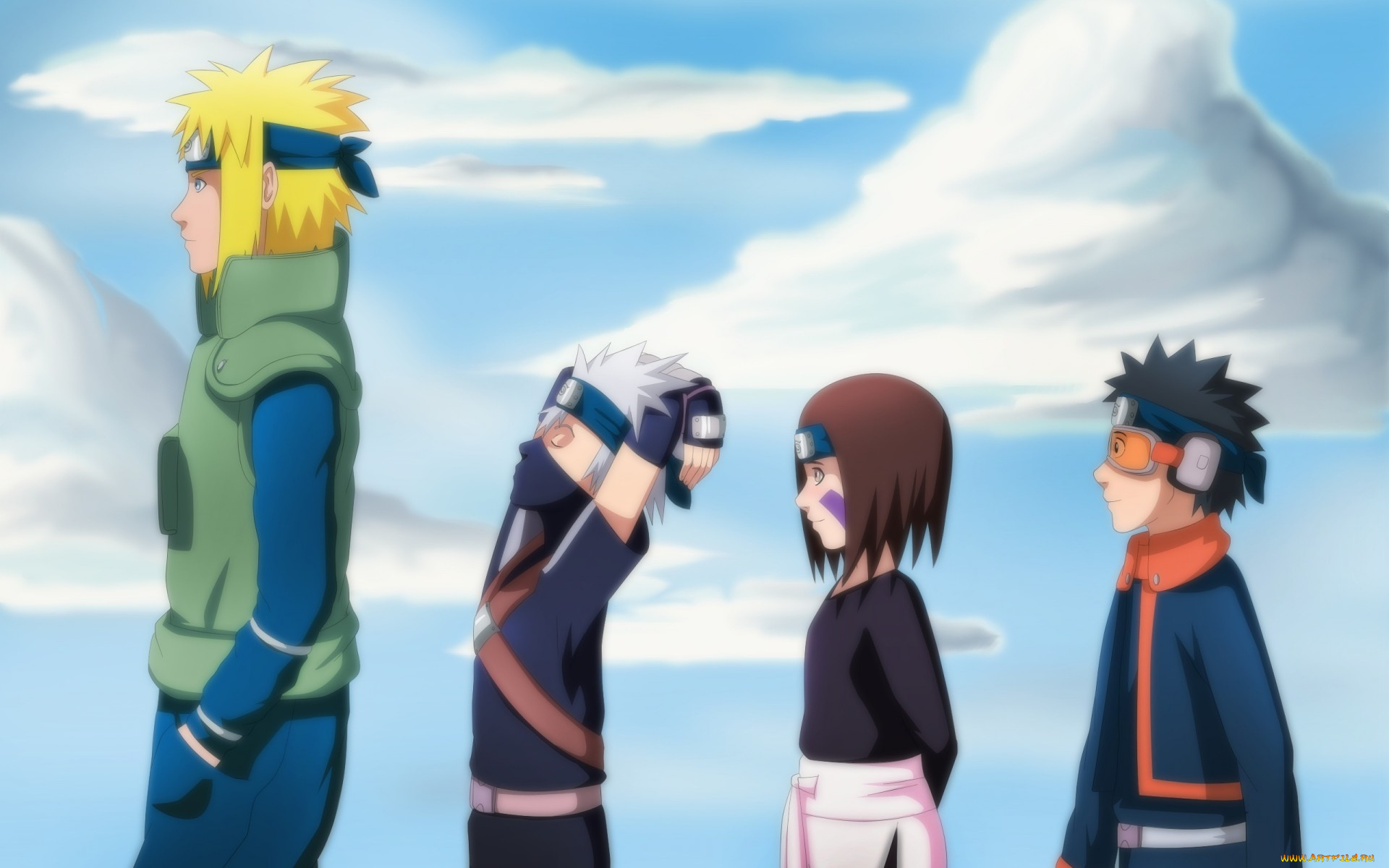 аниме, naruto, команда, какаши, минато, небо, обито, рин