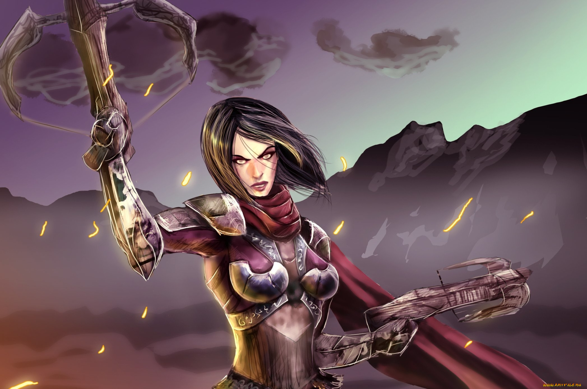 фэнтези, девушки, доспехи, арбалет, девушка, фон, волосы, взгляд