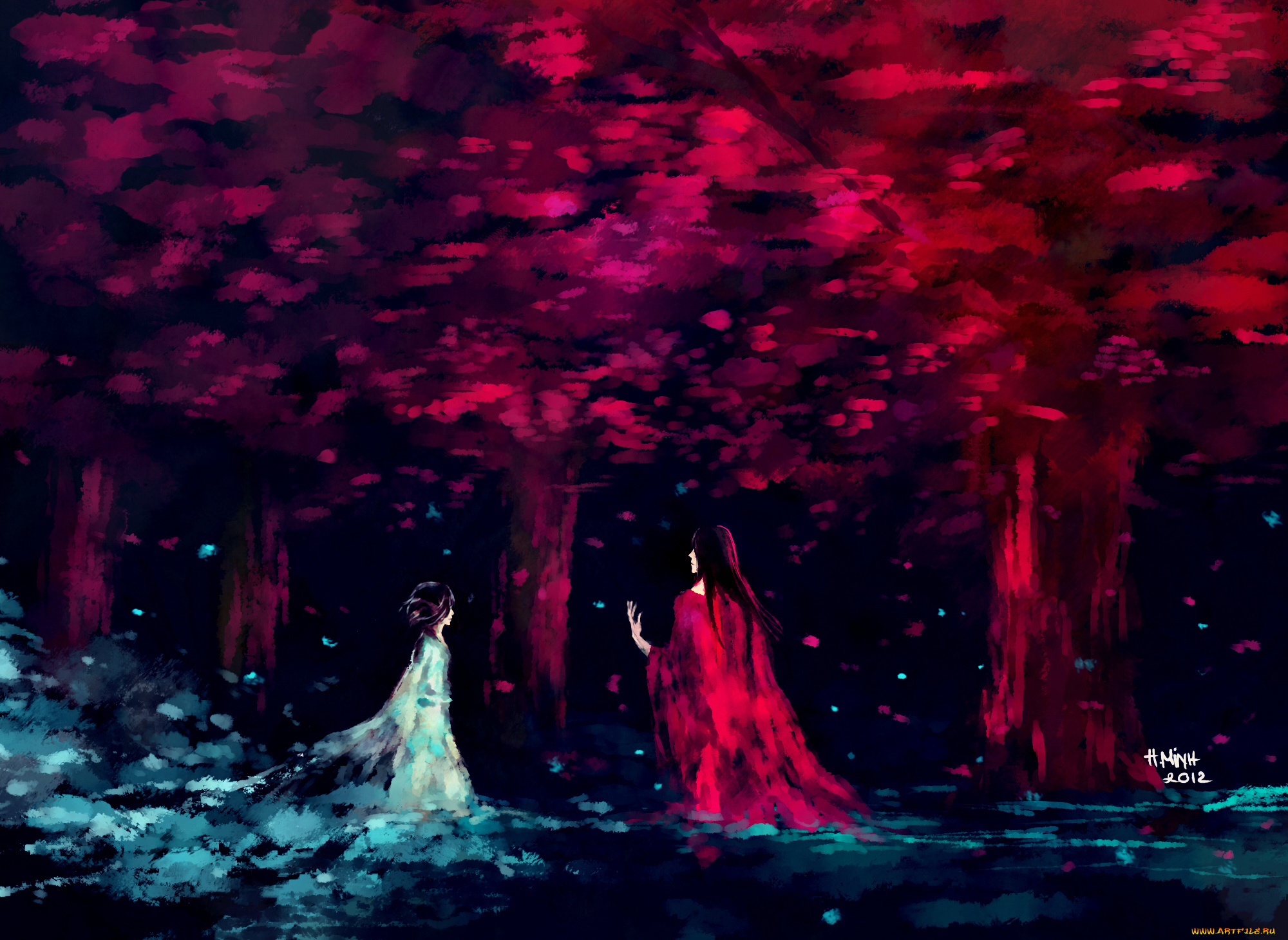 аниме, bleach, стволы, бьякуя, девушка, парень, лес, рукия, фан, арт, блич, кроны