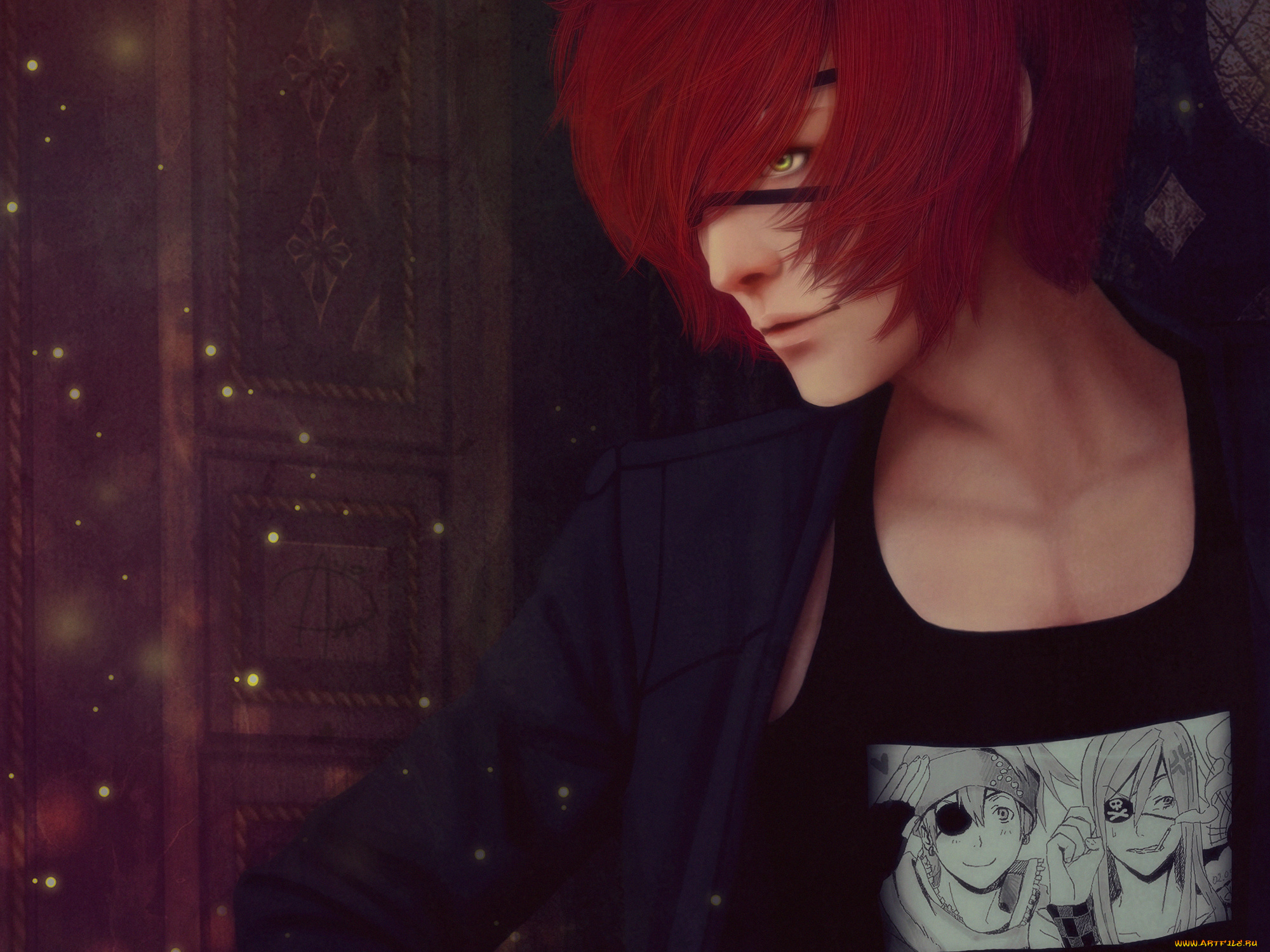 аниме, , gray-man, красные, волосы, повязка, парень, ди, грей, мен, майка, с, фото, искры, зелёный, глаз, lavi