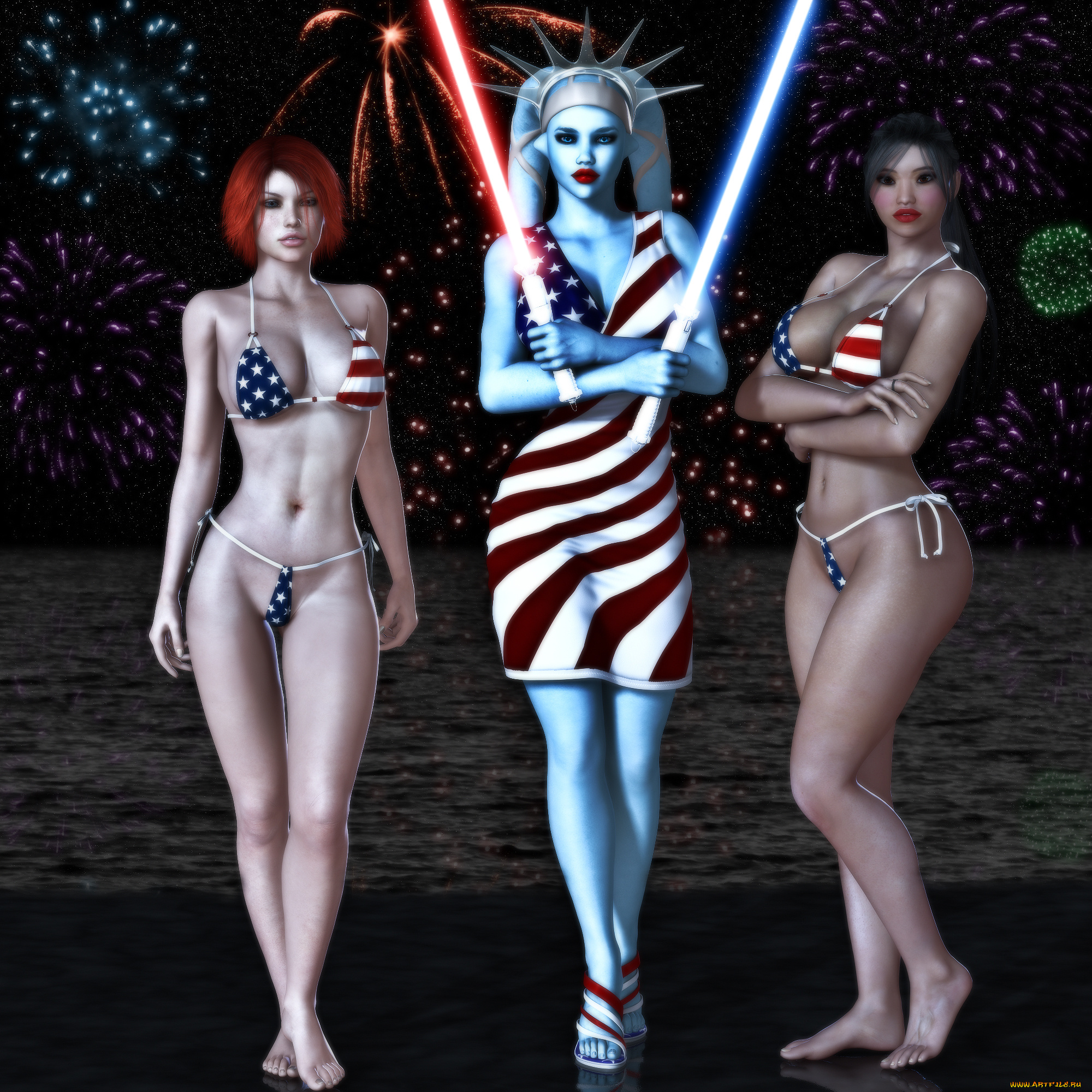 3д, графика, fantasy, , фантазия, оружие, существо, девушки