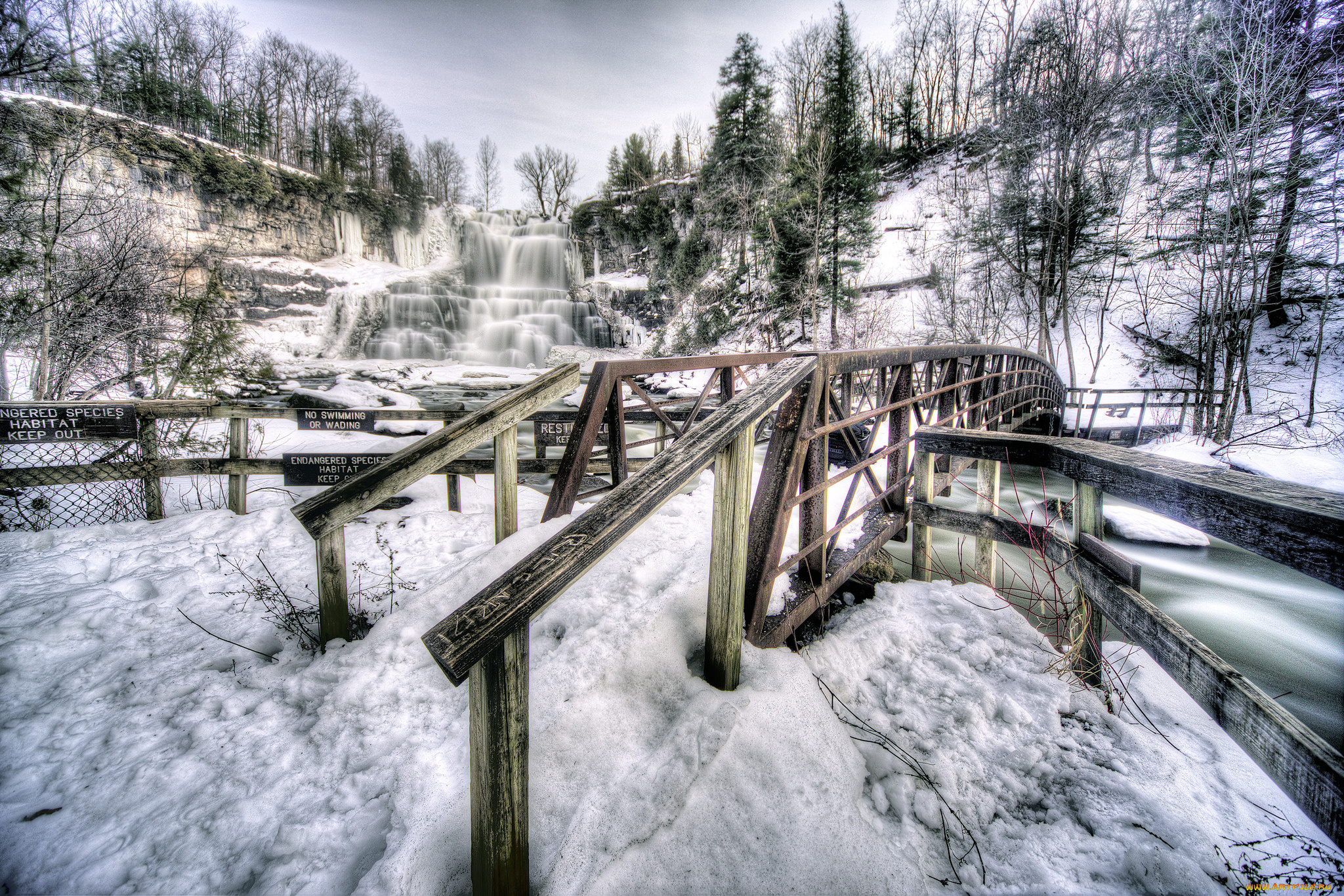wooden, bridge, and, chittenango, falls, природа, водопады, река, водопадд, снег, мост