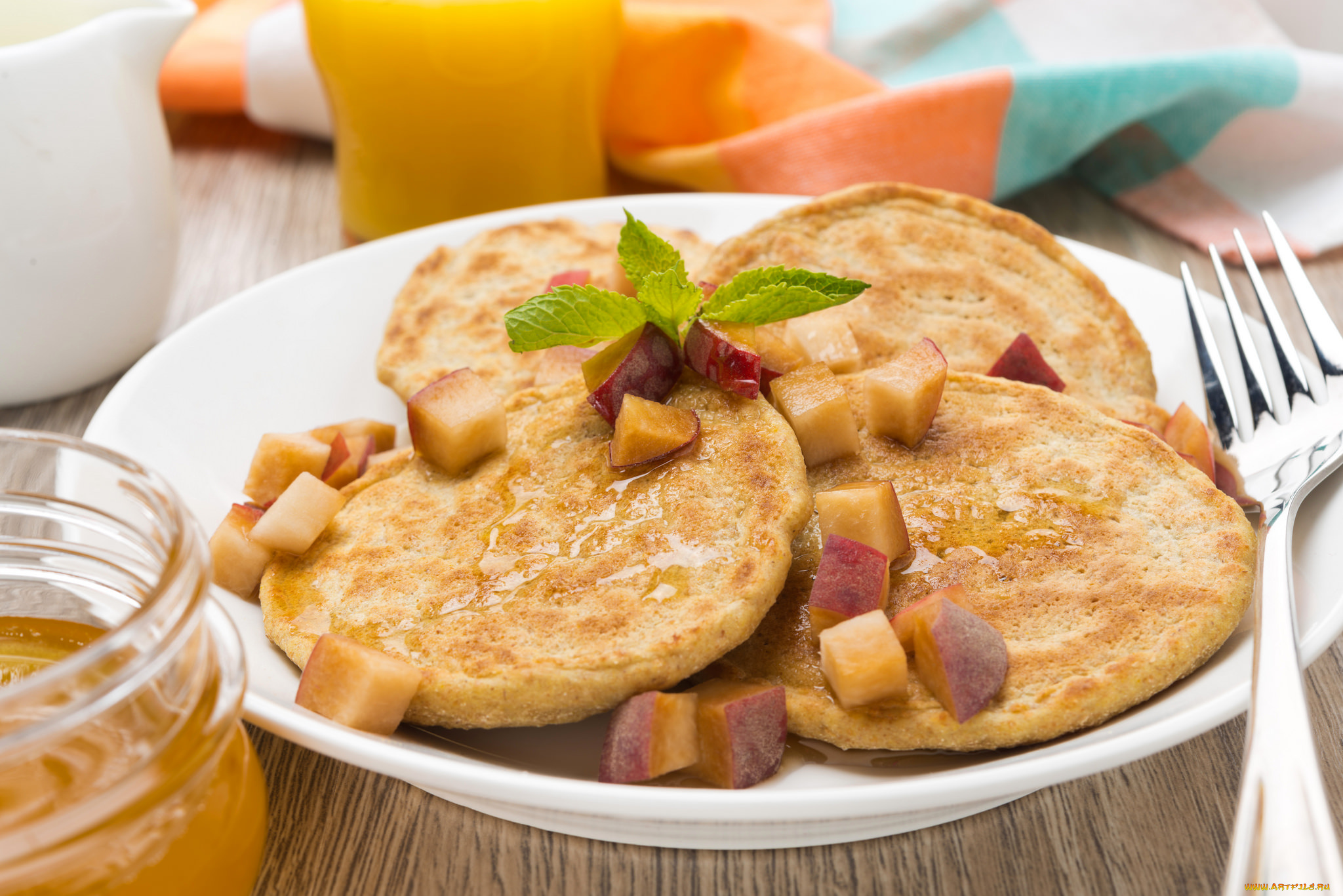 еда, блины, , оладьи, персик, блинчики