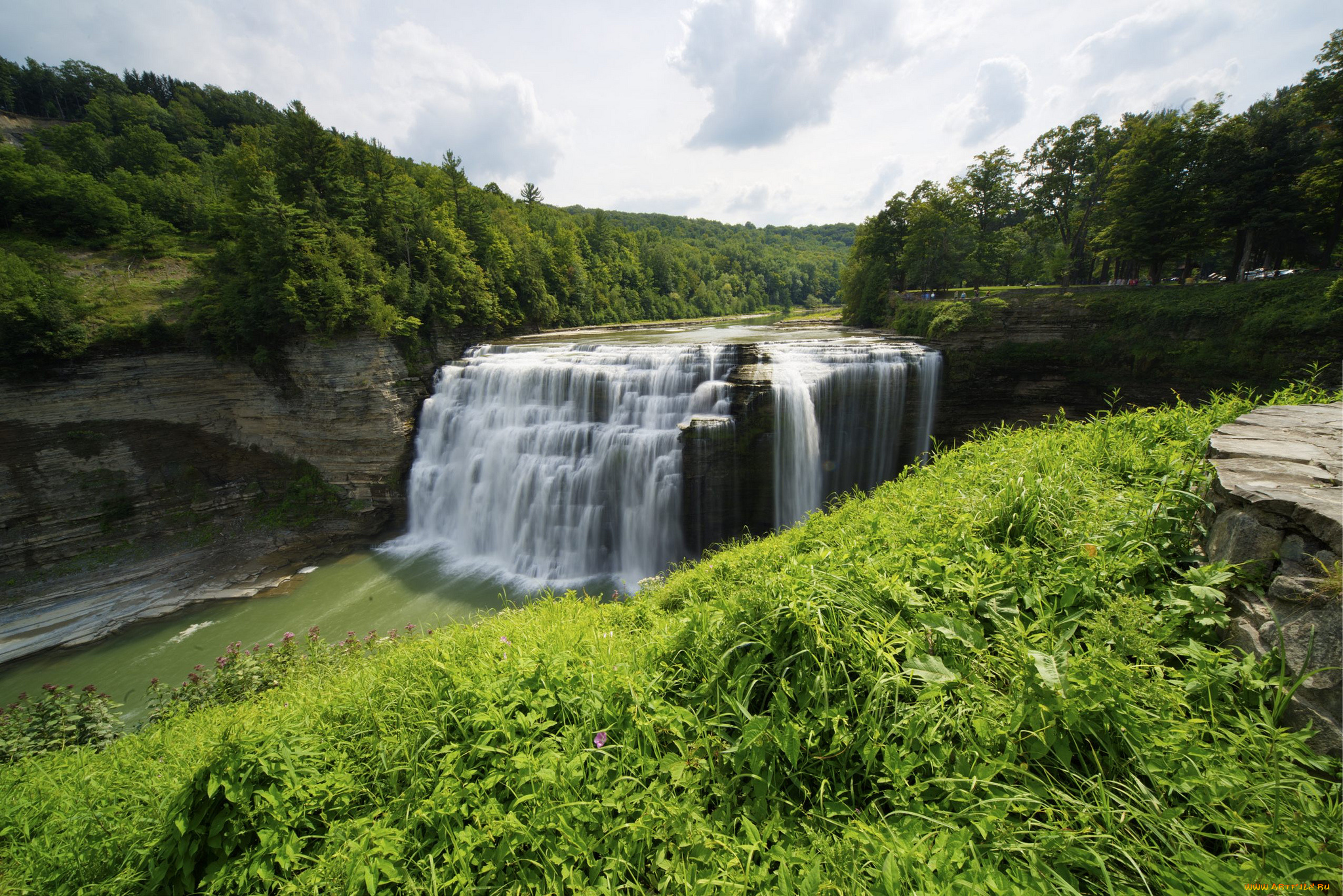 природа, водопады, обрыв, река, лес, водопад