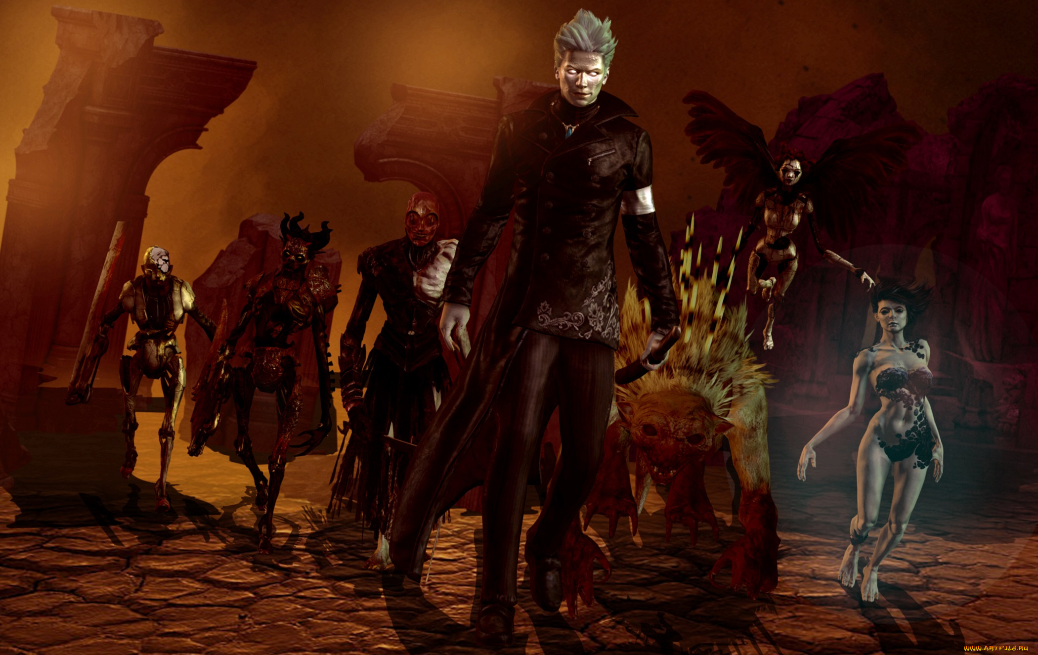 видео, игры, devil, may, cry, 4, иглы, крылья, существа, монстры, нечисть, девушка, плащь, парень, развалины, руины