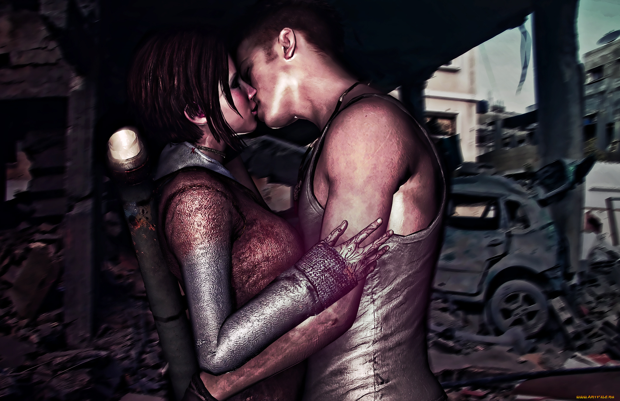 видео, игры, devil, may, cry, 4, брюнет, развалины, девушка, обьятия, парень, поцелуй