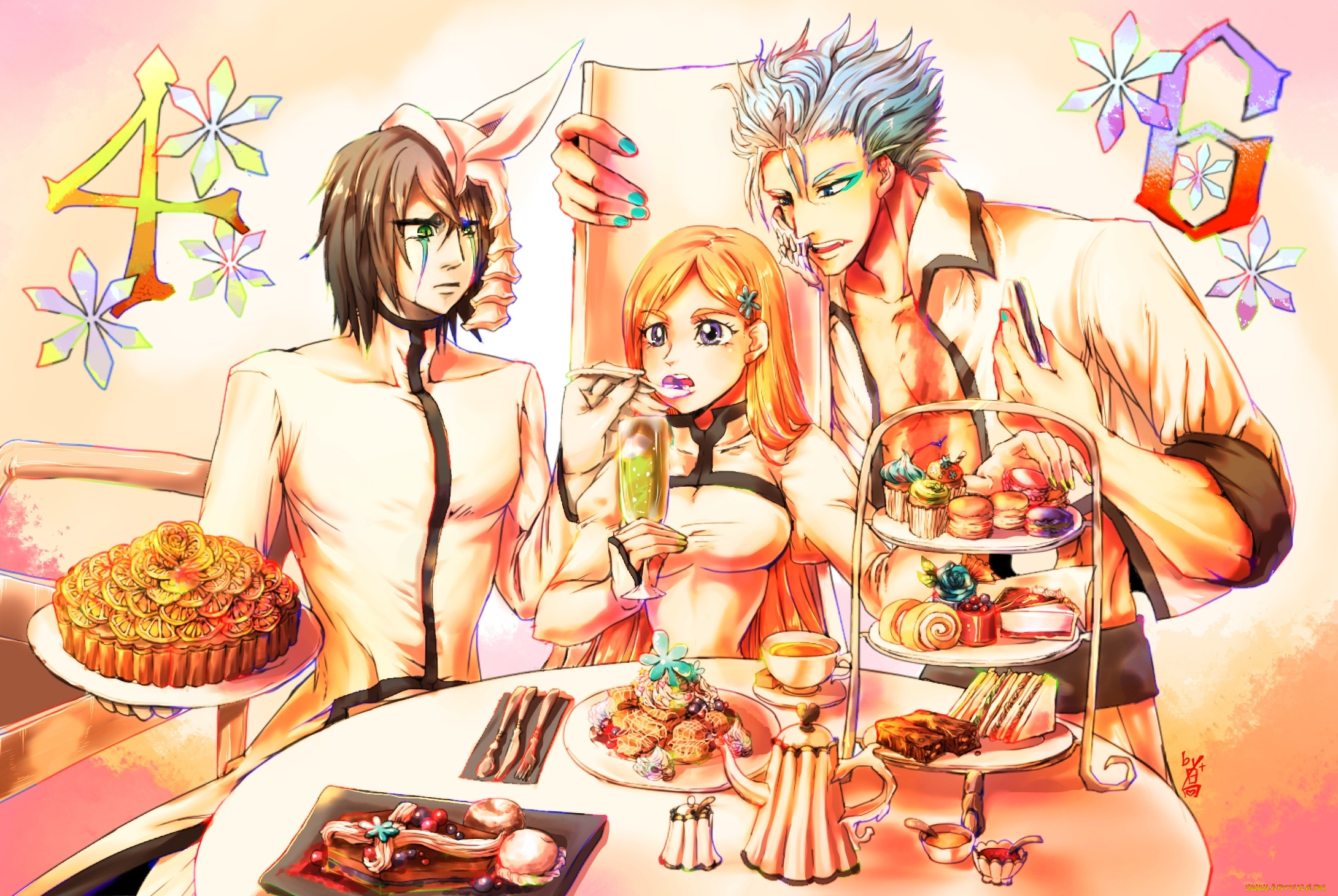 аниме, bleach, блич, арт, аранкары, стол, сладости, девушка, гримджоу, улькиорра, орихиме