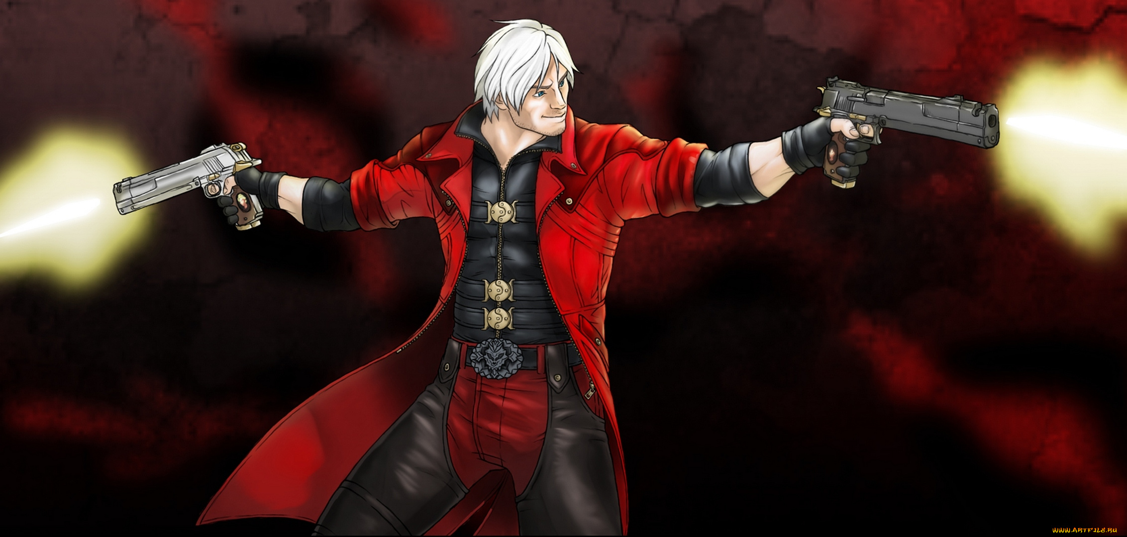 видео, игры, devil, may, cry, пистолеты, сероволосый, оружие, красный, плащь, выстрелы, огонь