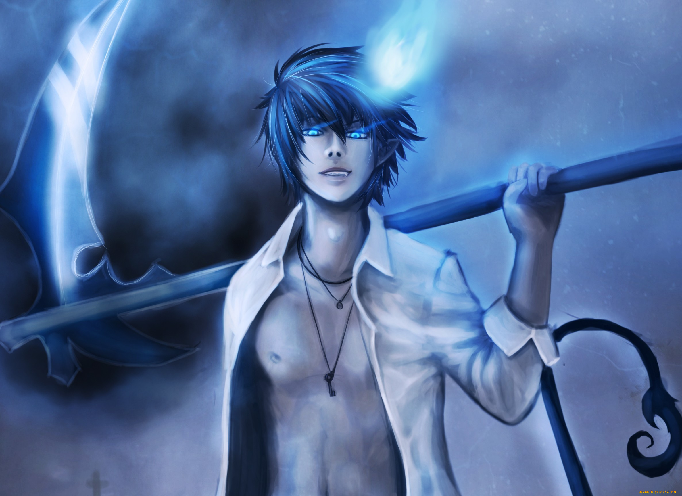 аниме, ao, no, exorcist, демон, рин, синий, экзорцист, арт, свечение