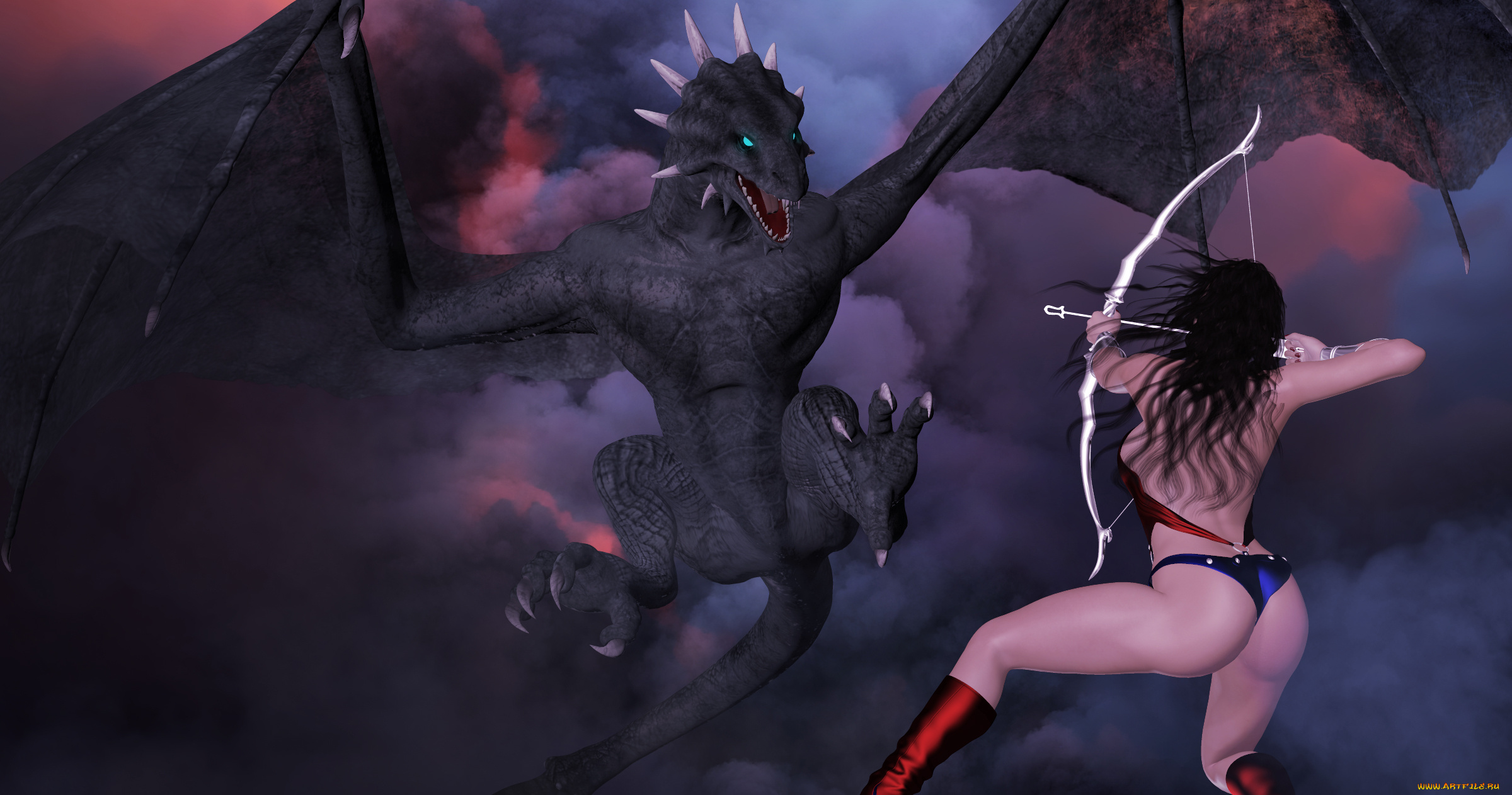 3д, графика, fantasy, , фантазия, крылья, демон, лук, супермен