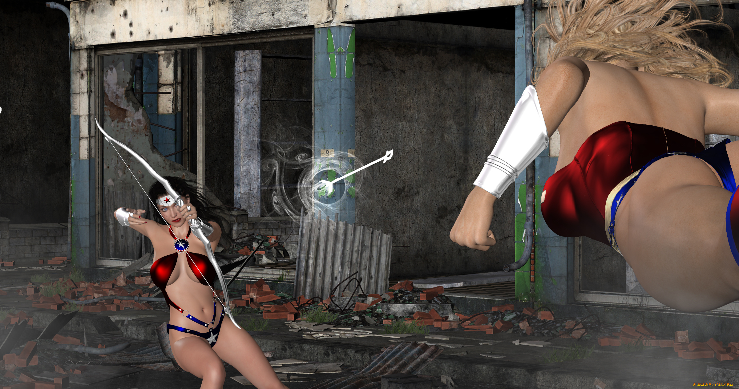 3д, графика, fantasy, , фантазия, стрела, лук, супермены, драка