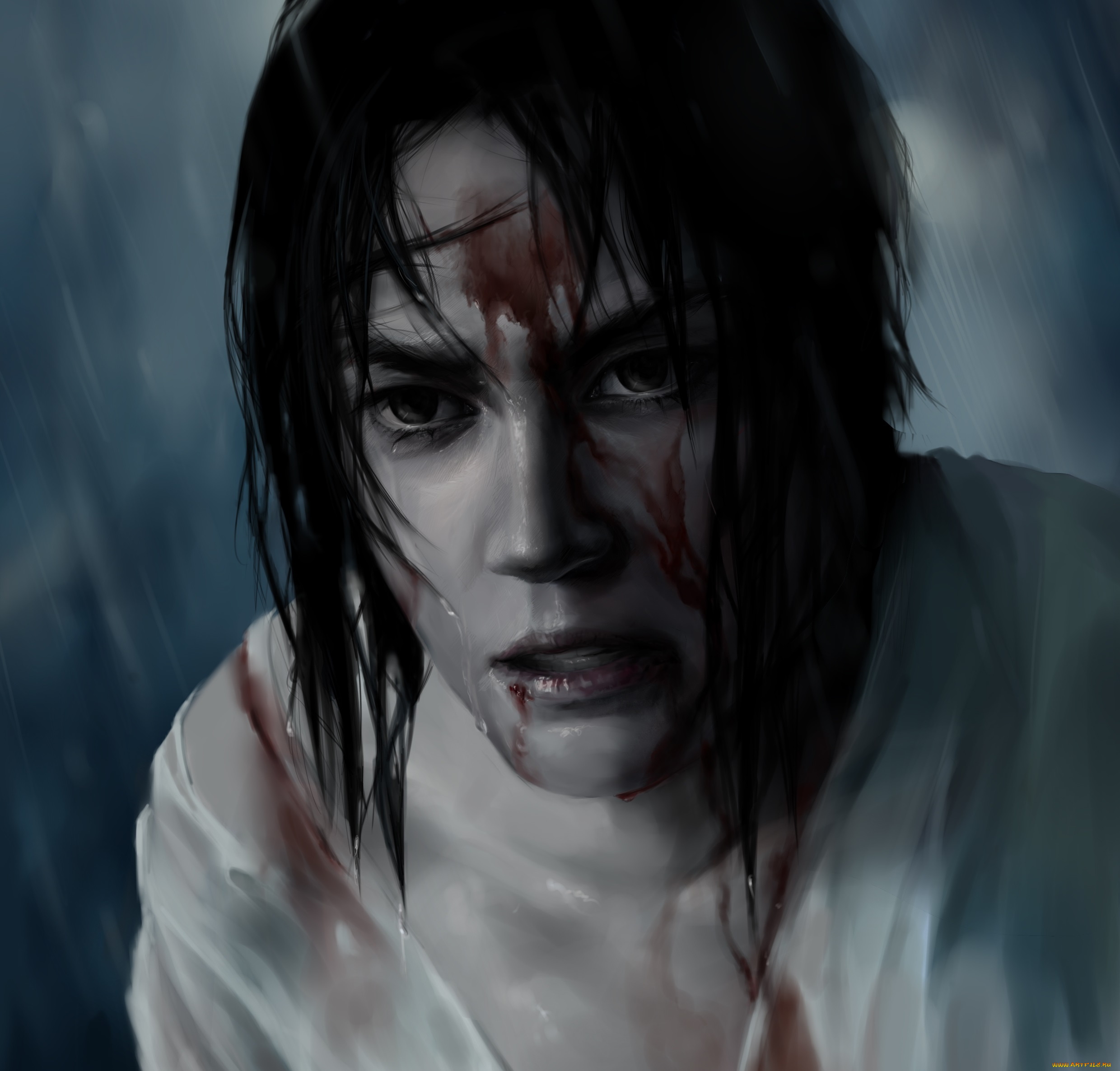 аниме, naruto, учиха, лицо, кровь, арт, саске