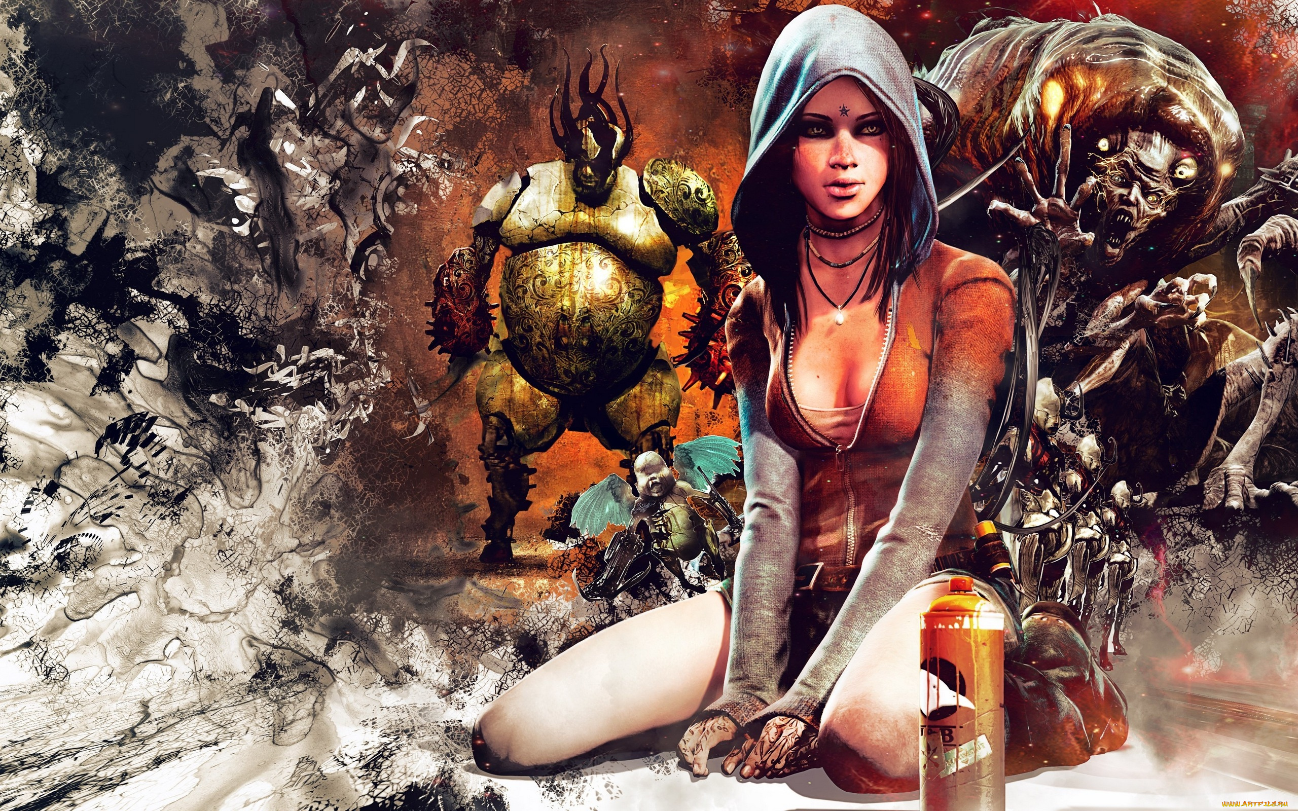 видео, игры, devil, may, cry, 5, сидит, девушка, балончик, капюшон, кулон, тату, монстры