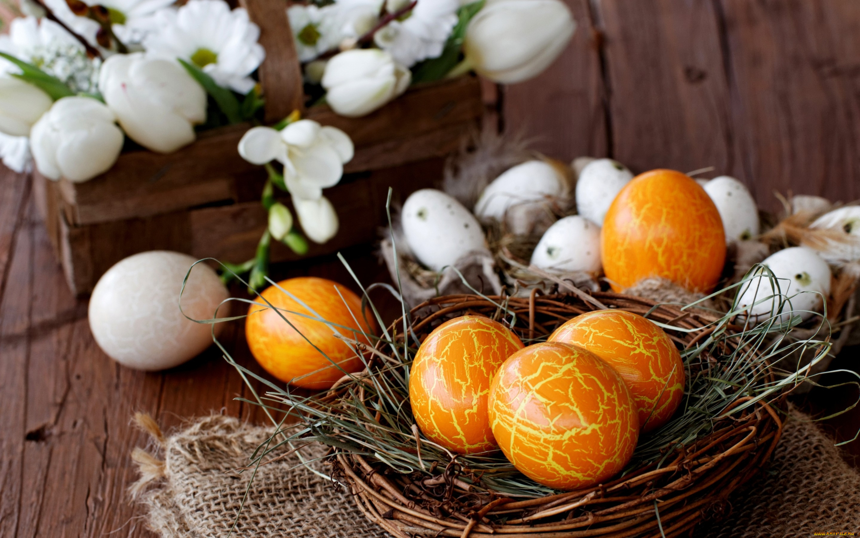 праздничные, пасха, easter, весна, праздник, гнездо, яйца, пасхальные, корзина, цветы, крокусы, белые