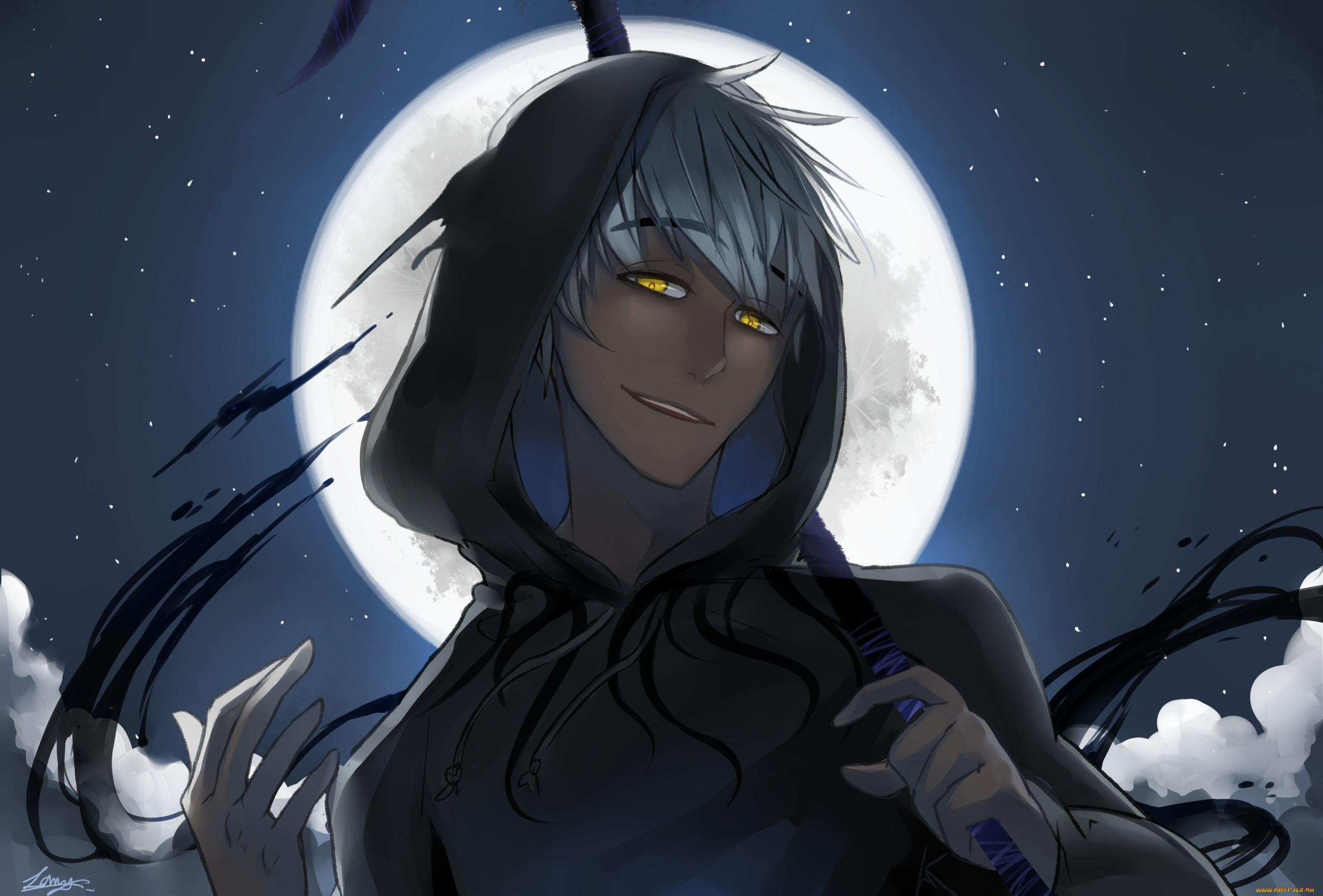 аниме, *unknown, , другое, ночь, жёлтые, глаза, хранители, снов, джек, арт, капюшон, руки, посох, парень, взгляд, луна