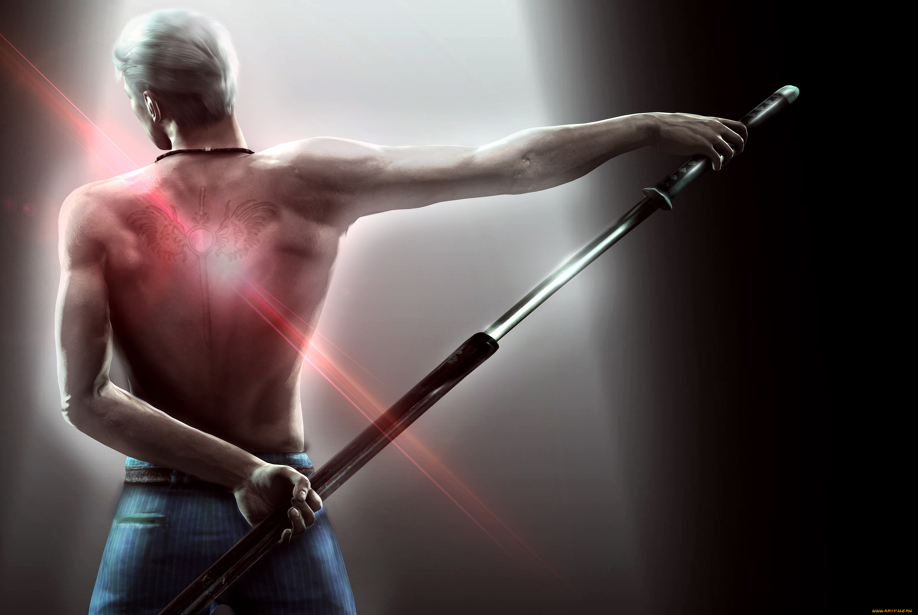 видео, игры, devil, may, cry, 4, тату, меч, парень, руки, свет, сияние, спина, белые, волосы, воин