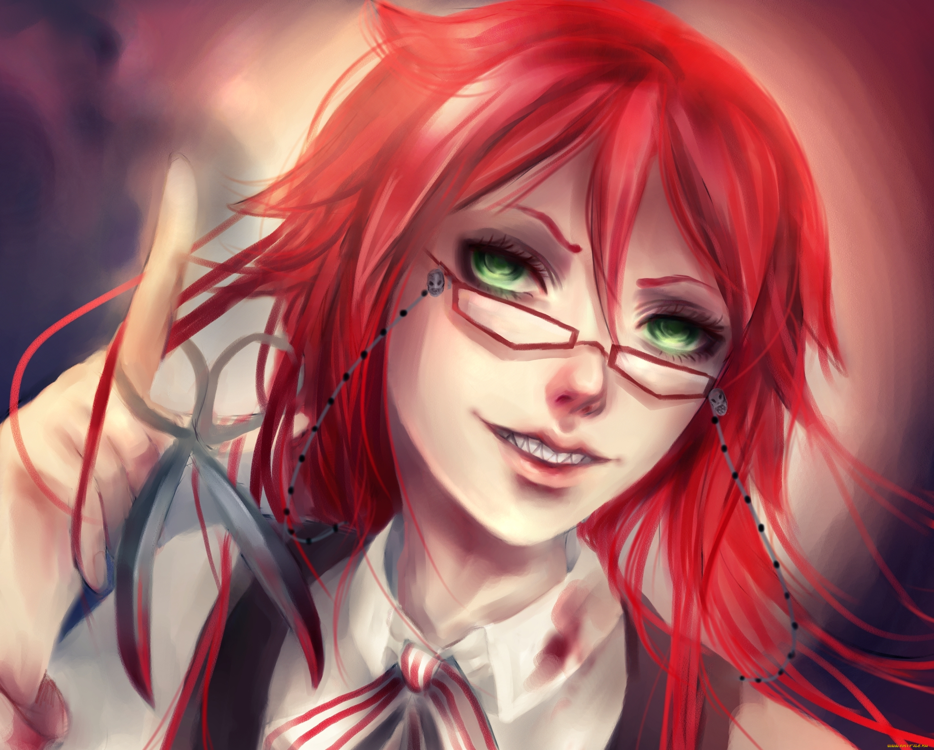 аниме, kuroshitsuji, улыбка, ножницы, арт, рисованный, очки, парень, темный, дворецкий, шинигами