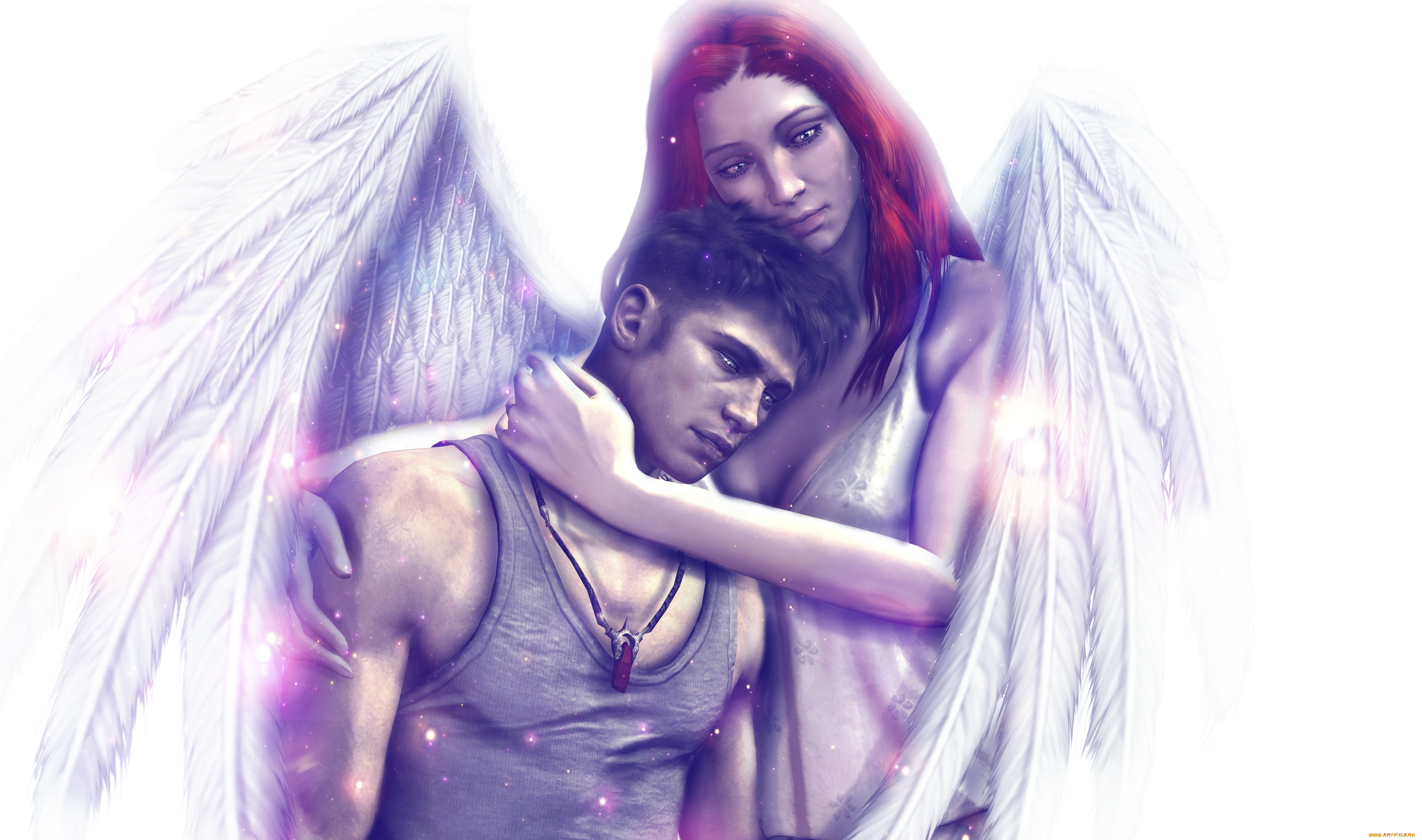 видео, игры, devil, may, cry, 4, шатен, красные, волосы, белый, фон, кулон, майка, ангел, крылья, девушка, парень, объятия, арт