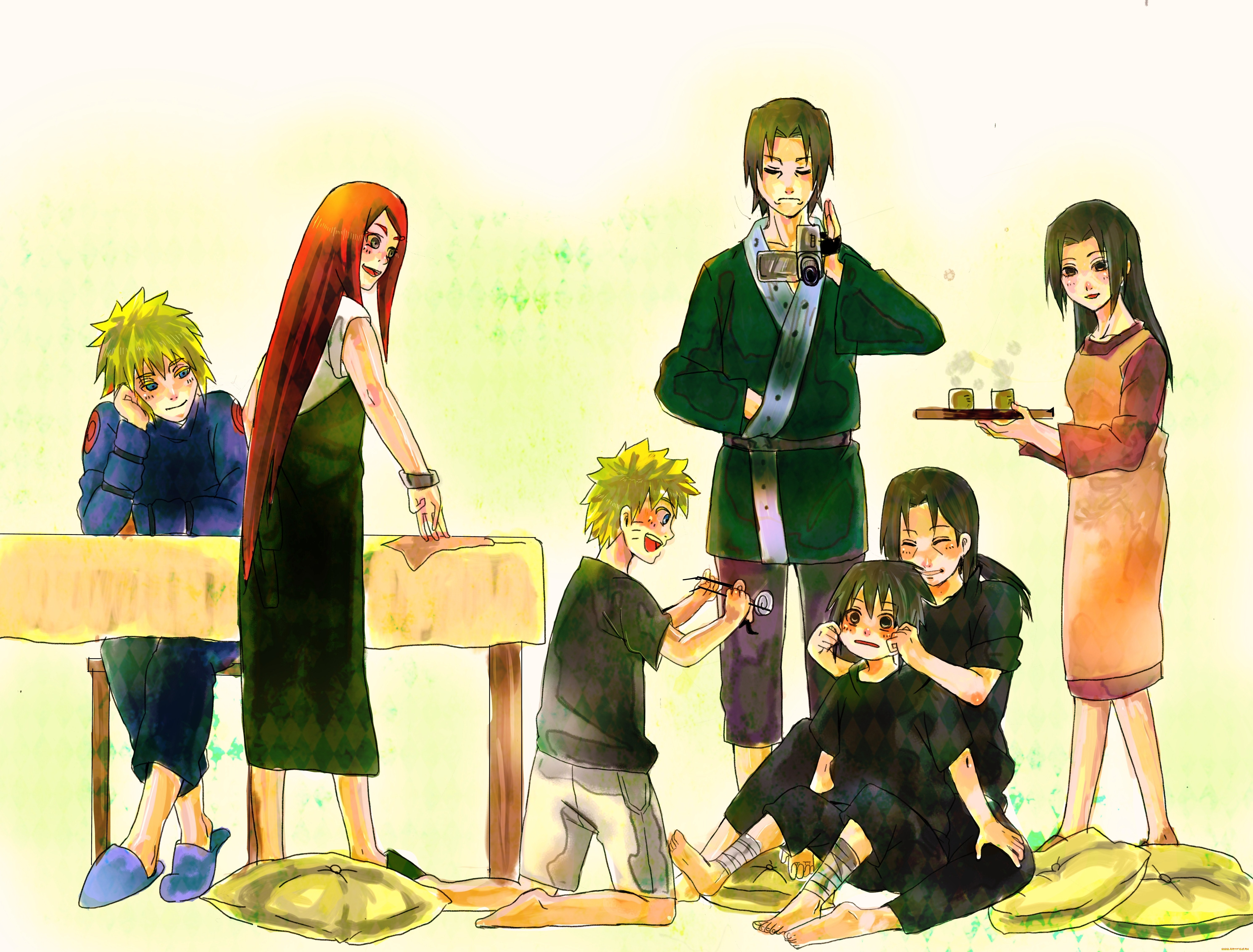 аниме, naruto, наруто, минато, кушина, арт, саске, итачи, стол, чай, подушки, братья, семья, родители, дети, видеокамера