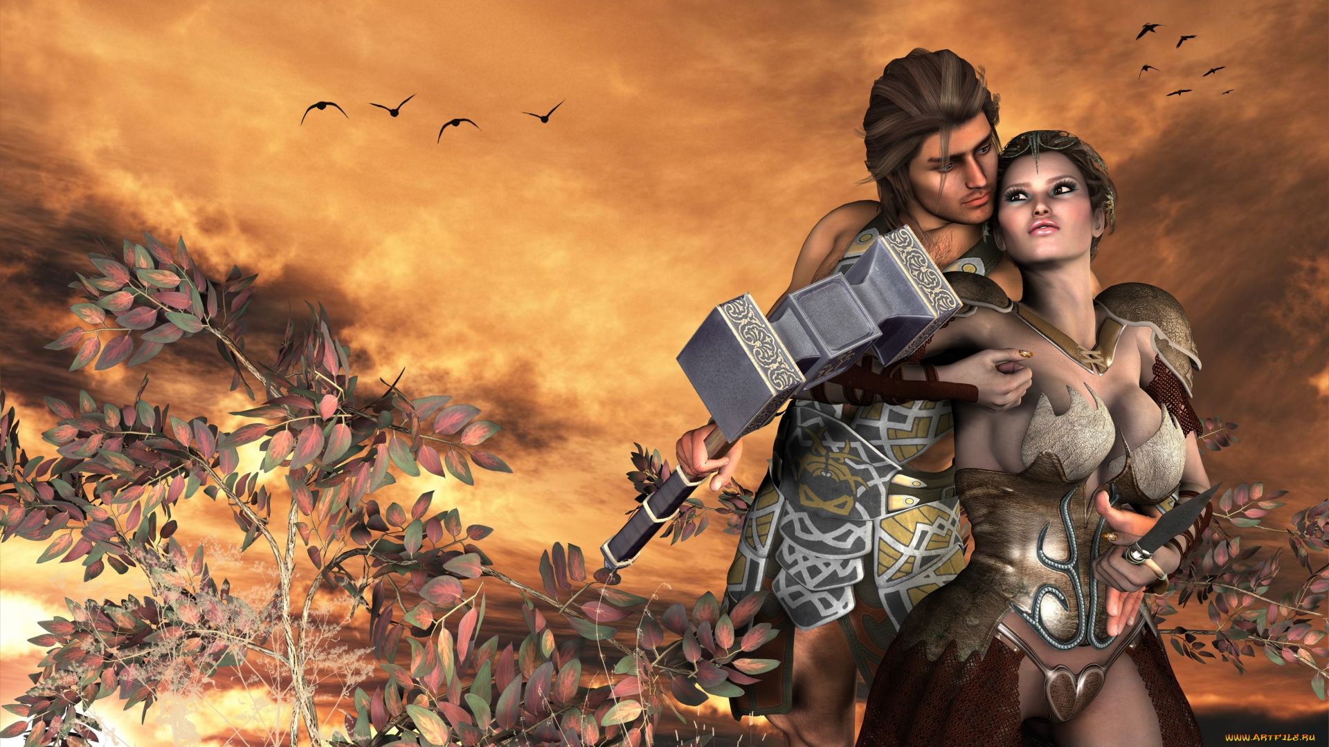 3д, графика, амазонки, , amazon, птицы, оружие, мужчина, фон, закат, ветки, взгляд, девушка
