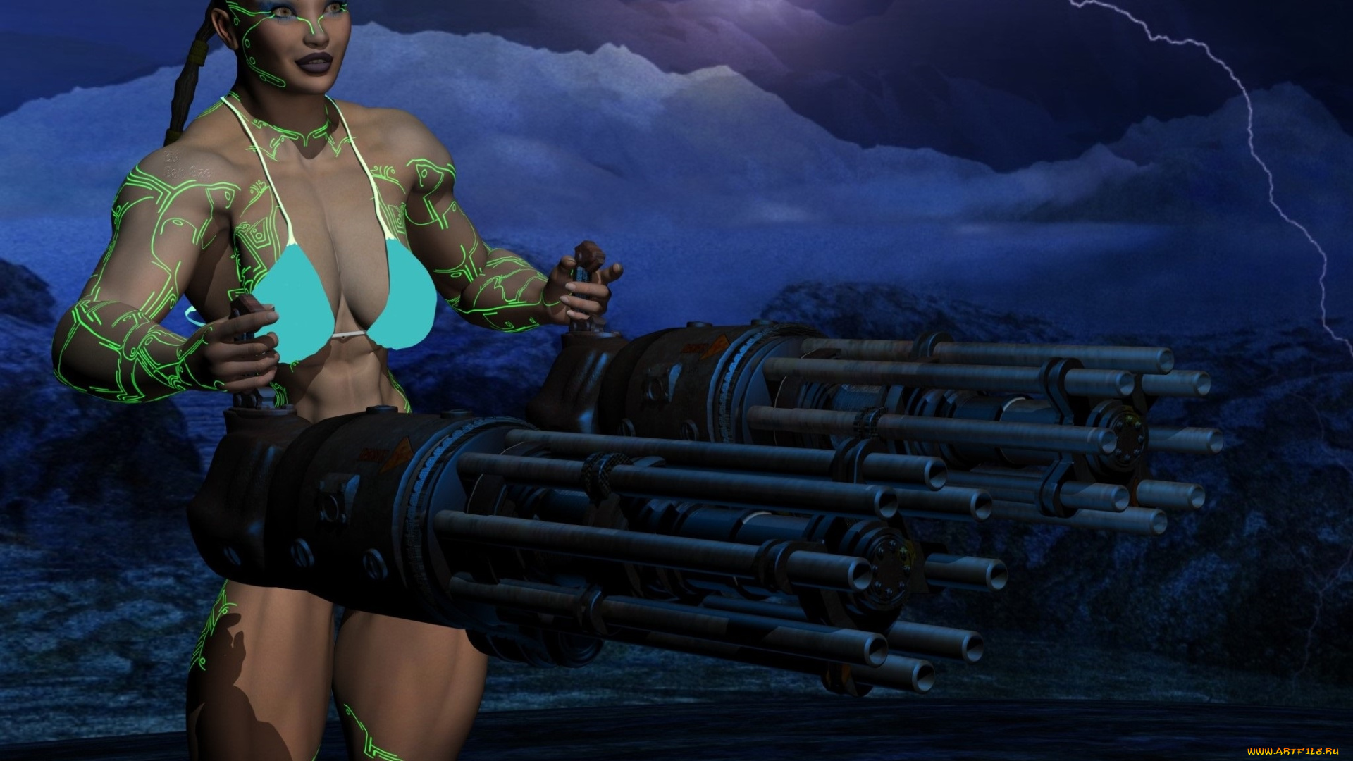 3д, графика, фантазия, , fantasy, девушка, оружие, фон, взгляд