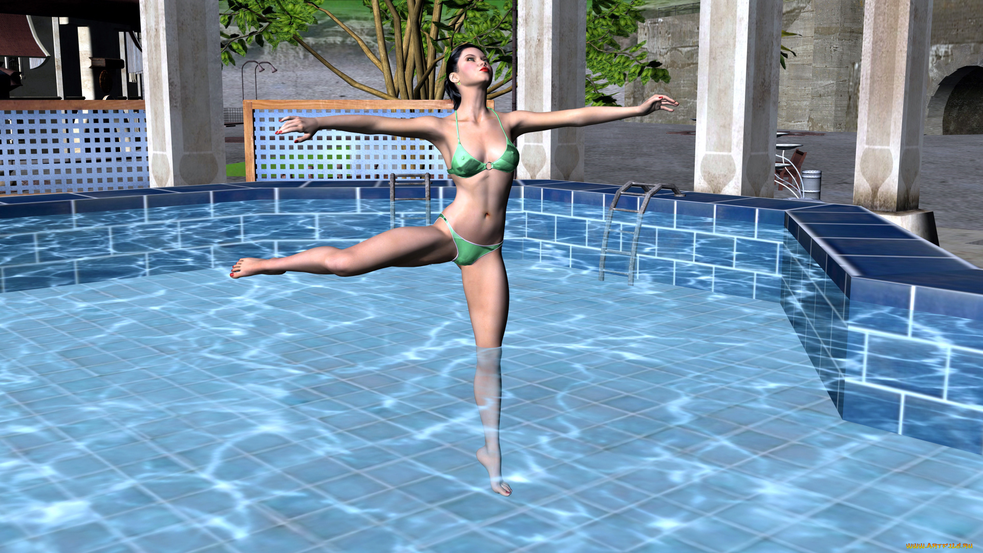 3д, графика, люди, , people, бассейн, фон, взгляд, девушка