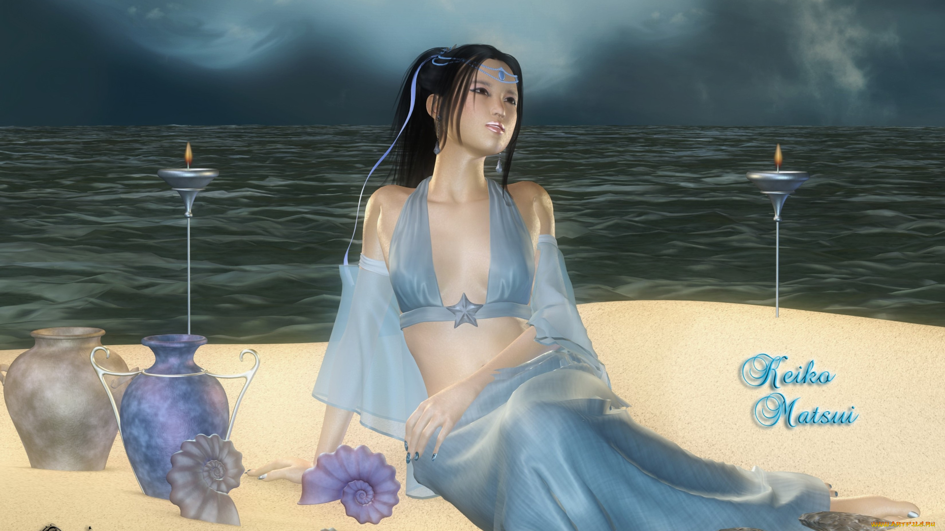 3д, графика, люди, , people, море, песок, девушка, фон, взгляд, ракушки, амфоры