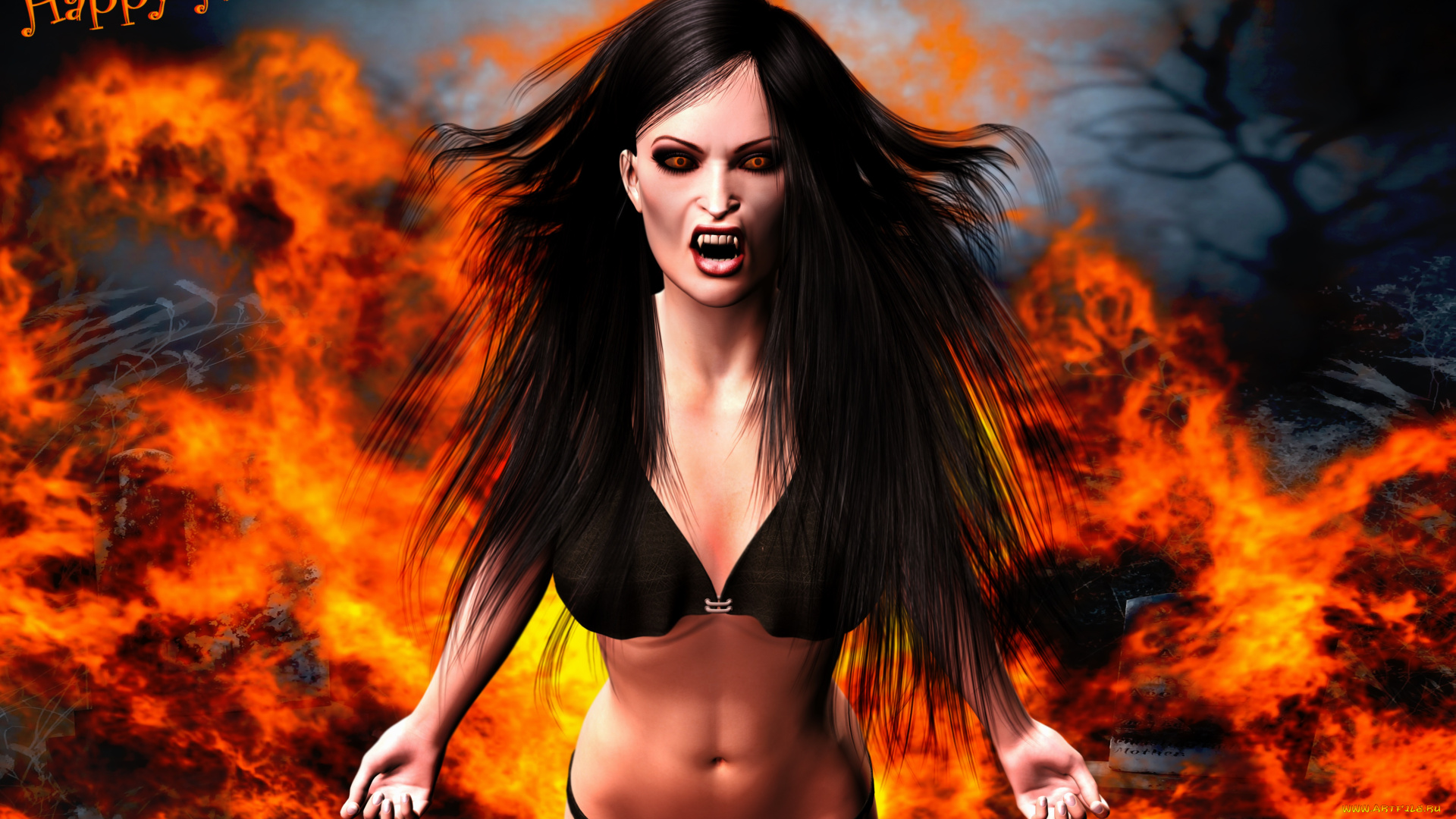 3д, графика, праздники, , holidays, огонь, вампир, фон, взгляд, девушка