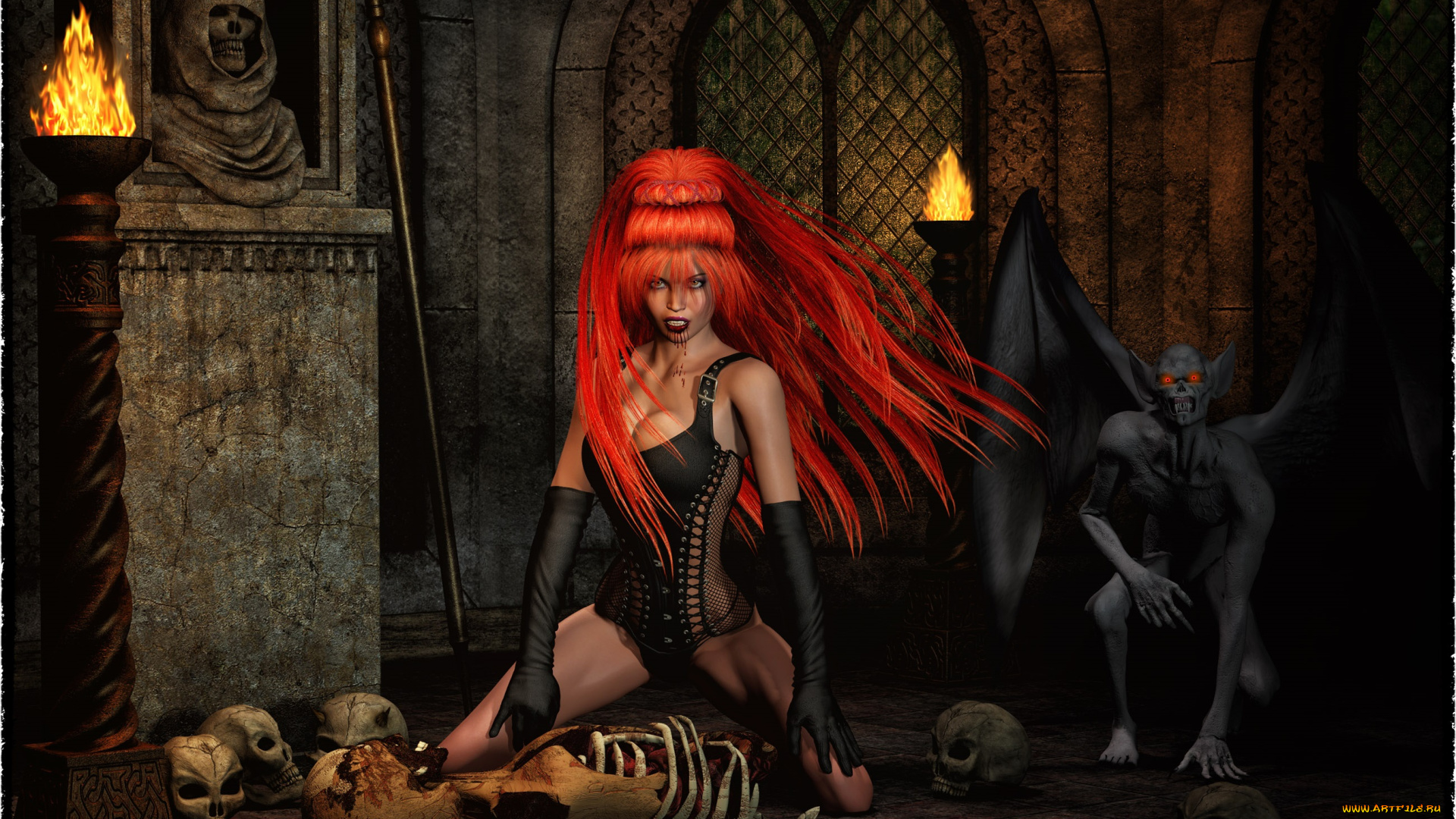 3д, графика, существа, , creatures, факелы, демон, скелет, черепа, вампир, рыжая, фон, взгляд, девушка