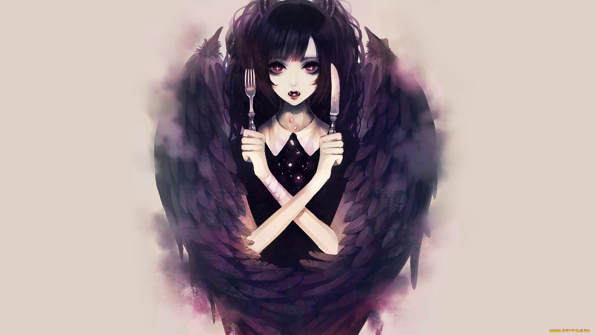 аниме, ангелы, , демоны, нож, вилка, рога, крылья, демон, девушка