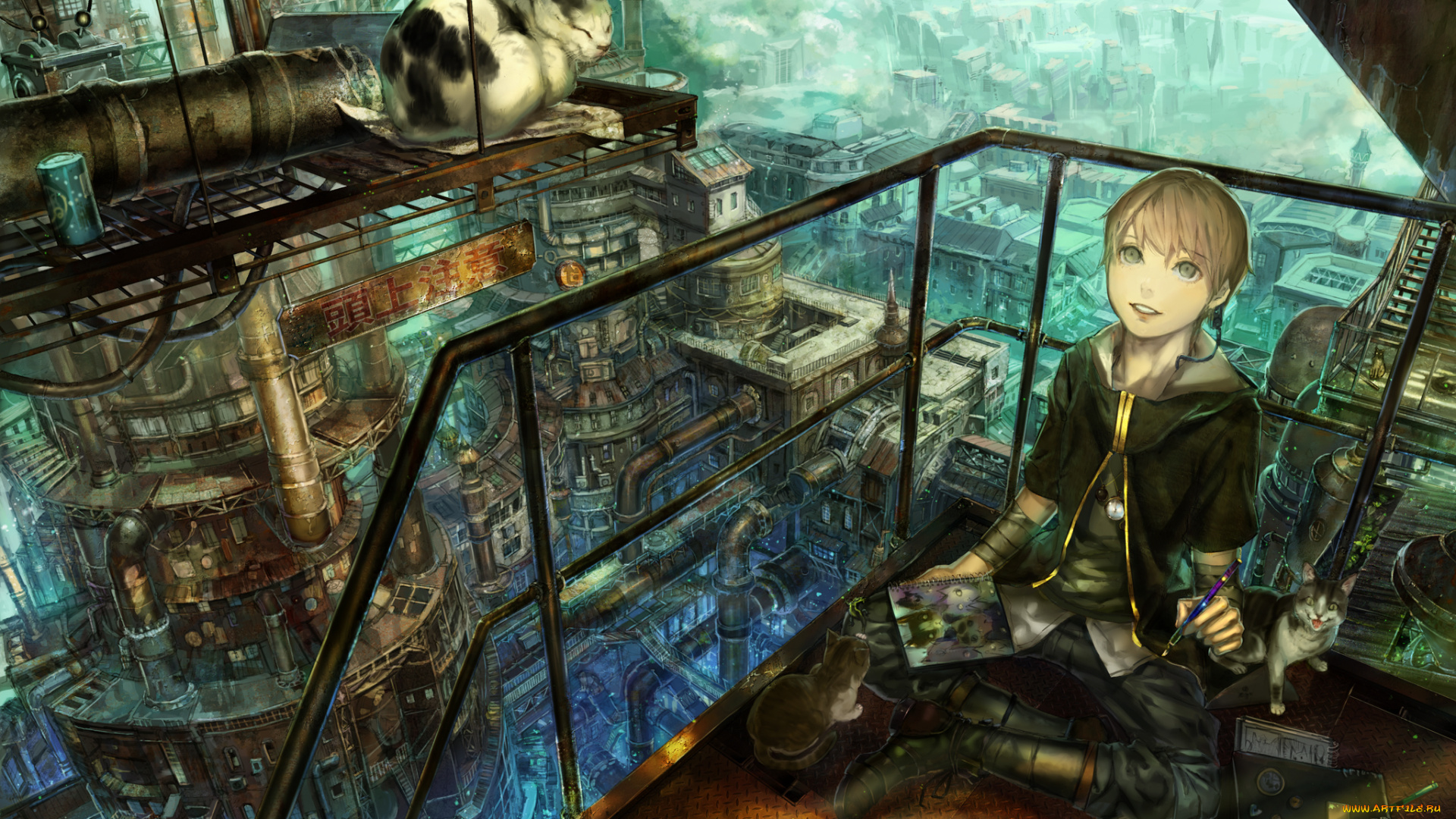 аниме, город, , улицы, , здания, munashichi, арт, часы, карандаш, трубы, рисунки, кошки