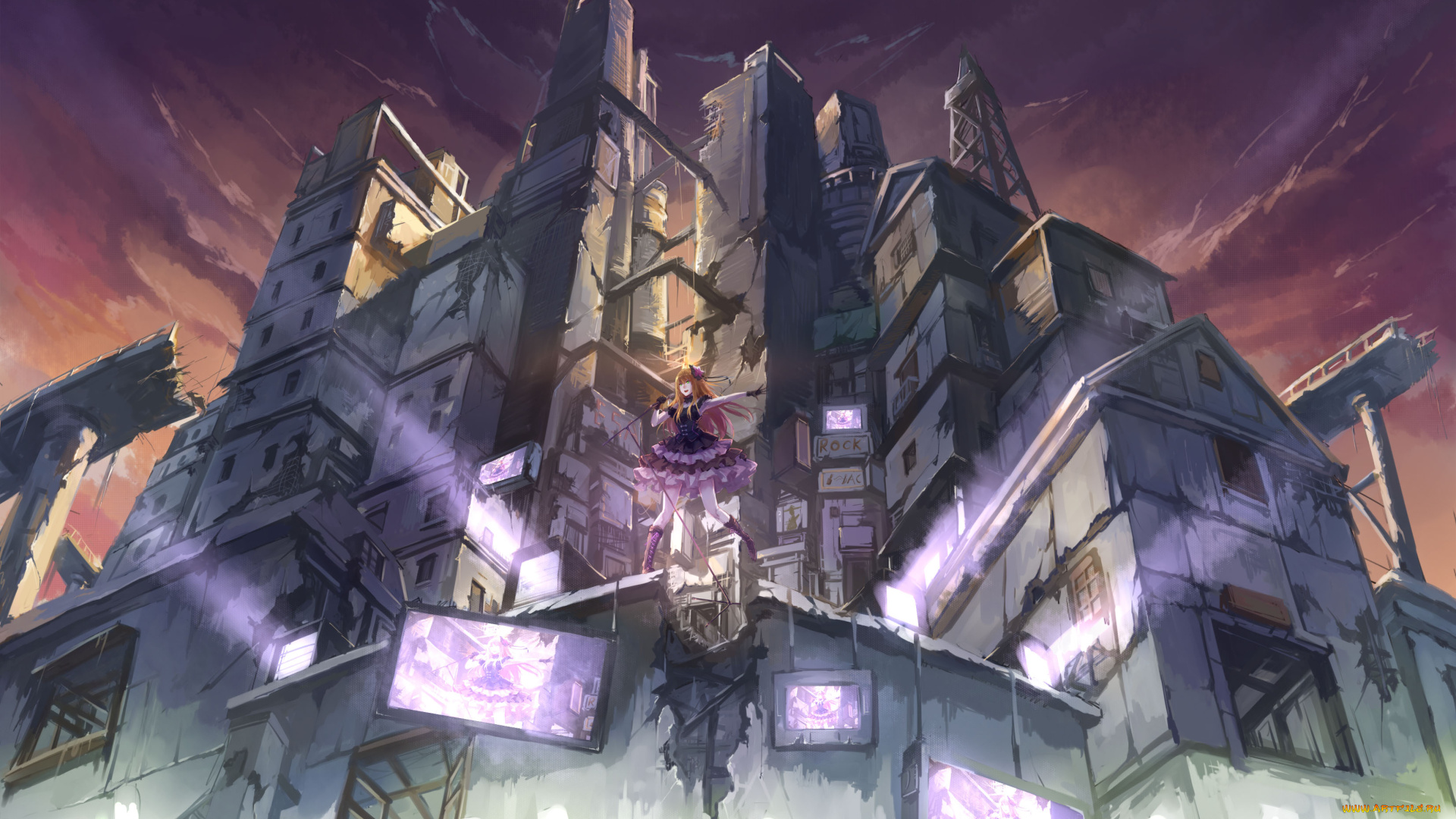 аниме, idolm@ster, телевизор, девушка, дома, здания, город, музыка, песня, облака, микрофон, платье, бант, cinderella, girls, shibuya, rin, xinuo, небо, руины