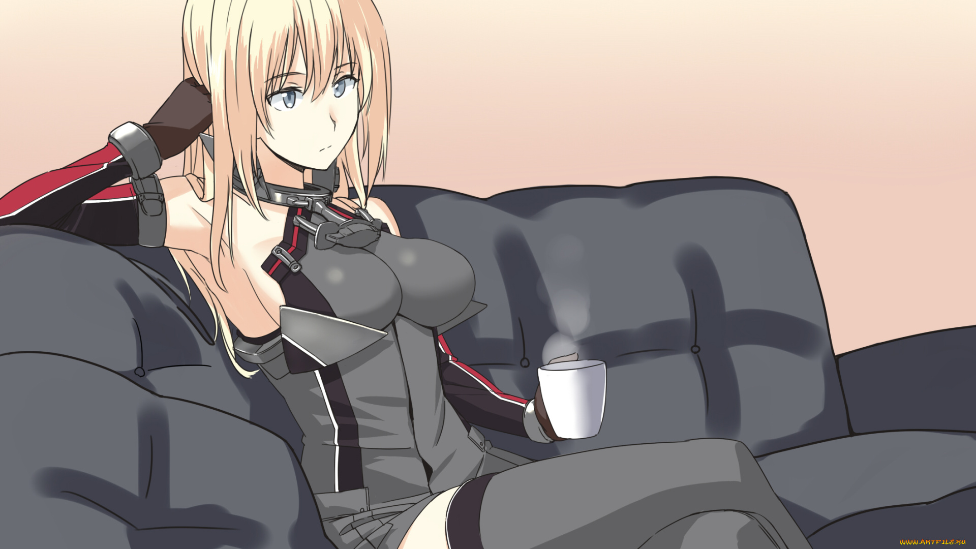 аниме, kantai, collection, диван, kancolle, арт, wamwam, bismarck, kantai, collection, сидит, девушка