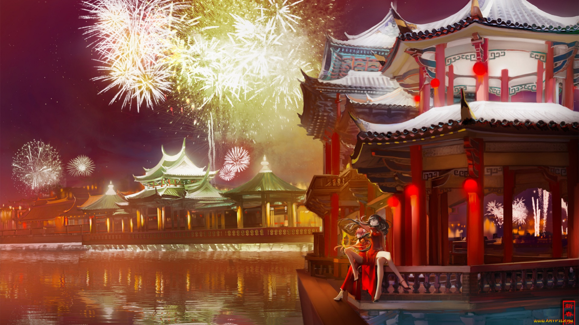 аниме, mahou, shoujo, madoka, magika, akemi, homura, blackrabbitsoul, ночь, салют, отражение, kaname, madoka, озеро, девушки, дом, mahou, shoujo, magica