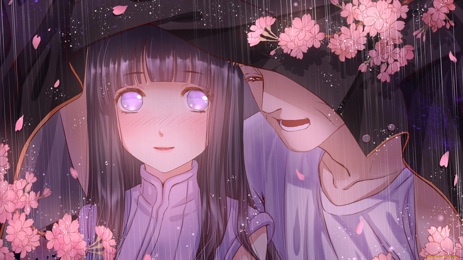 аниме, naruto, парень, девушка, цветы, hyuuga, hinata, сакура, дождь, uzumaki, haneru, арт, наруто