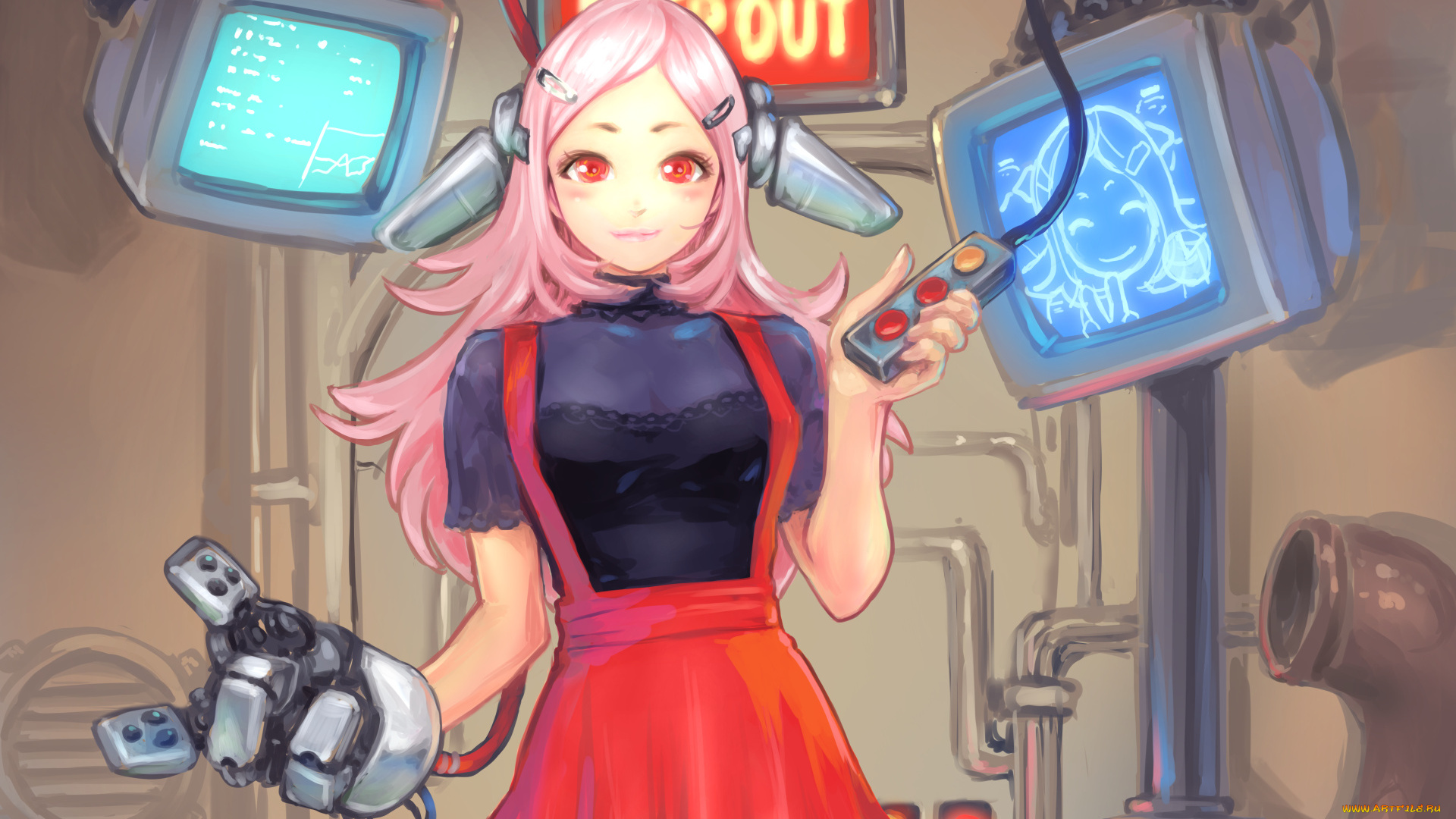 аниме, оружие, , техника, , технологии, carina-xiaowoo, экраны, киборг, девушка, взгляд, арт