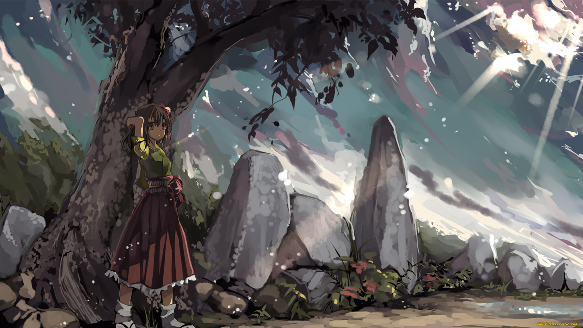 аниме, touhou, , дерево, девочка, дорога, , арт, hieda, no, akyuu, shimadoriru