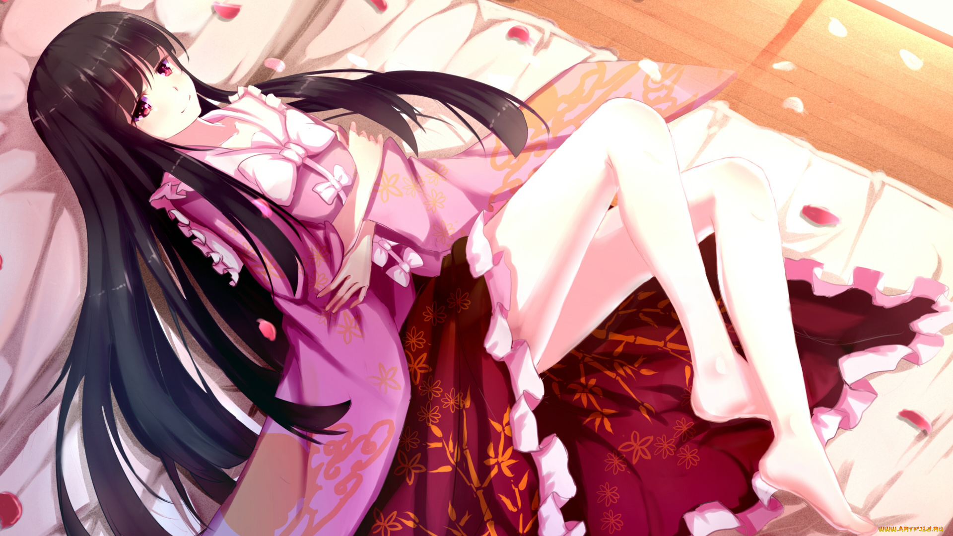 аниме, touhou, взгляд, лежит, девушка, арт, bakanoe, houraisan, kaguya