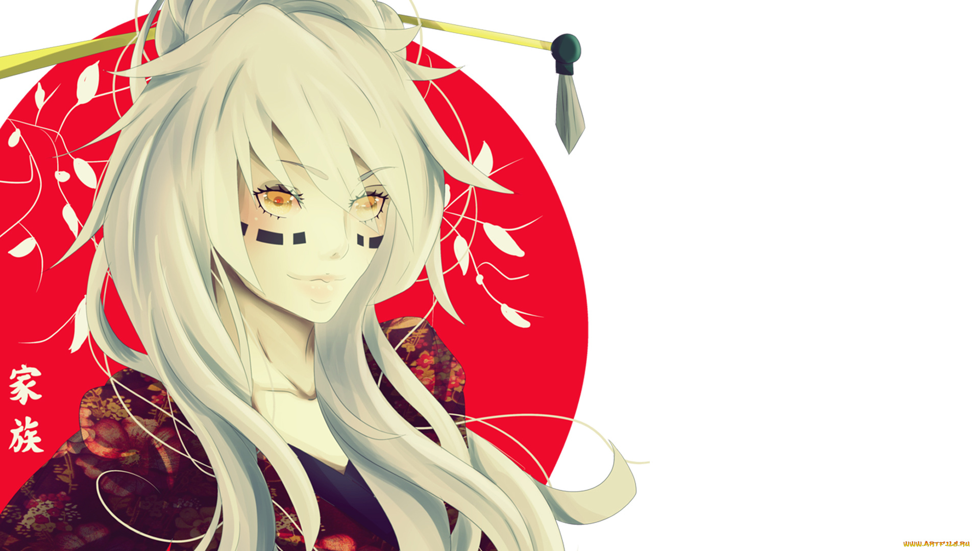 аниме, unknown, , другое, блондинка, девушка, ветки, желтые, глаза, улыбка, красный, диск, метки, иероглифы