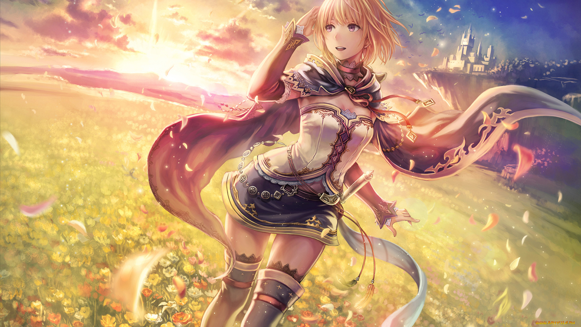 аниме, unknown, , другое, девушка, лепестки, ветер, замок, закат